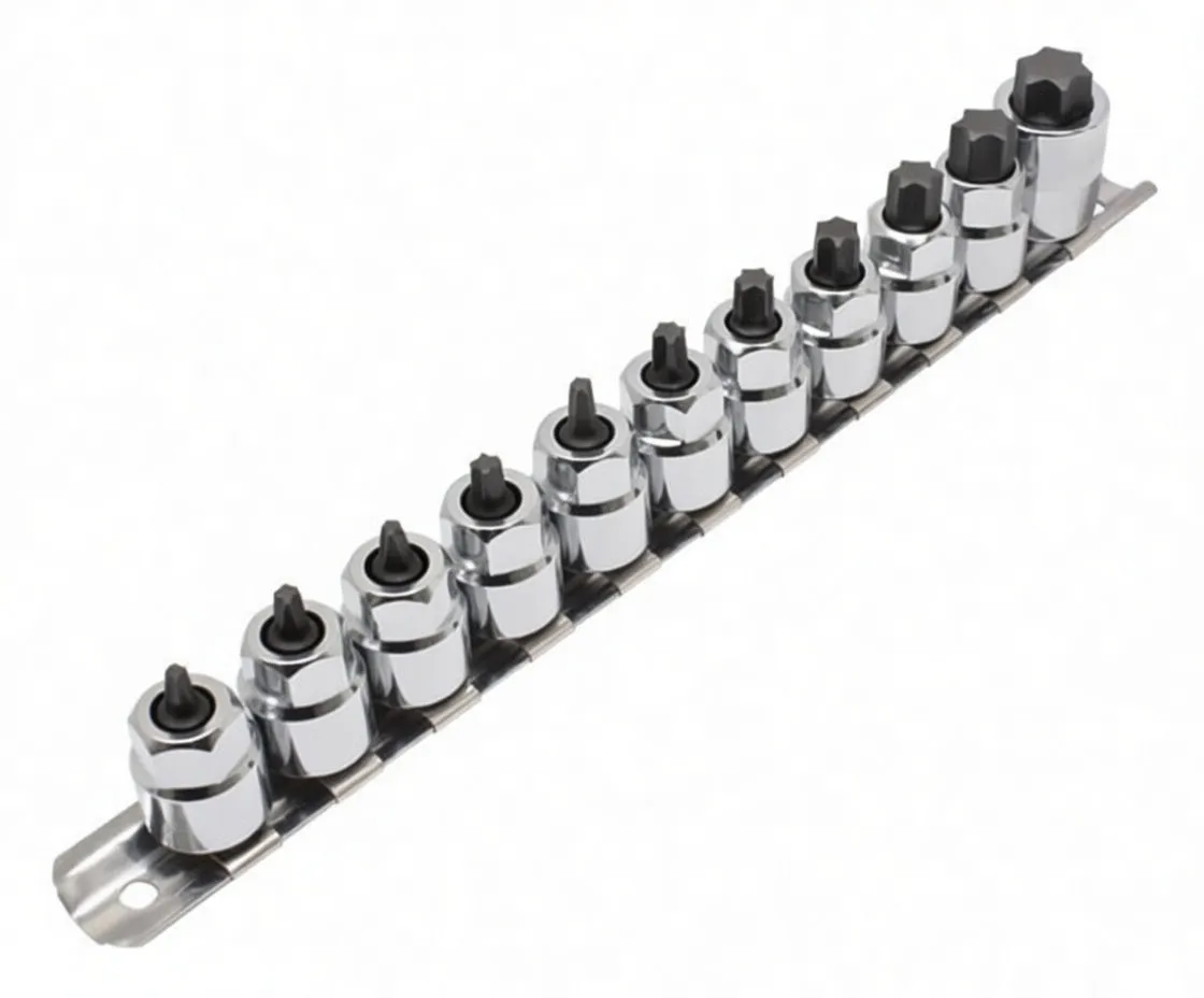 Angled shot of 11 Torx sockets snapped into a metal rail holder
