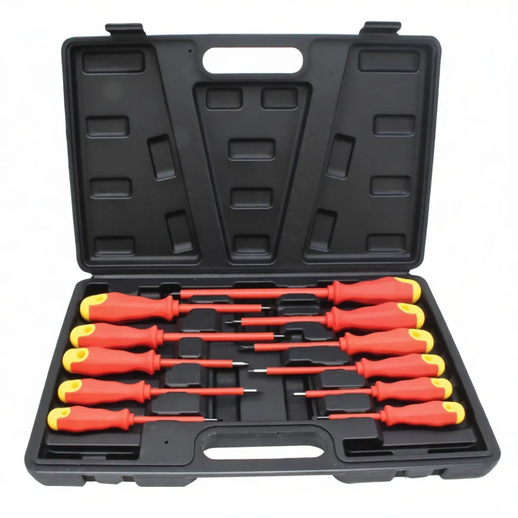 Straight-on view of open toolbox showing eleven red insulated screwdrivers with yellow ends and visible white markings on handles.