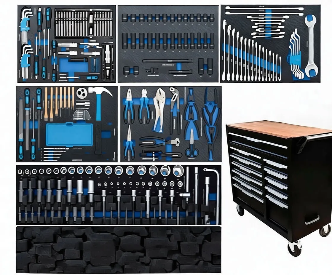 Composite of tool layout panels (sockets, wrenches, pliers, screwdrivers) alongside a small image of the VISTA tool cabinet