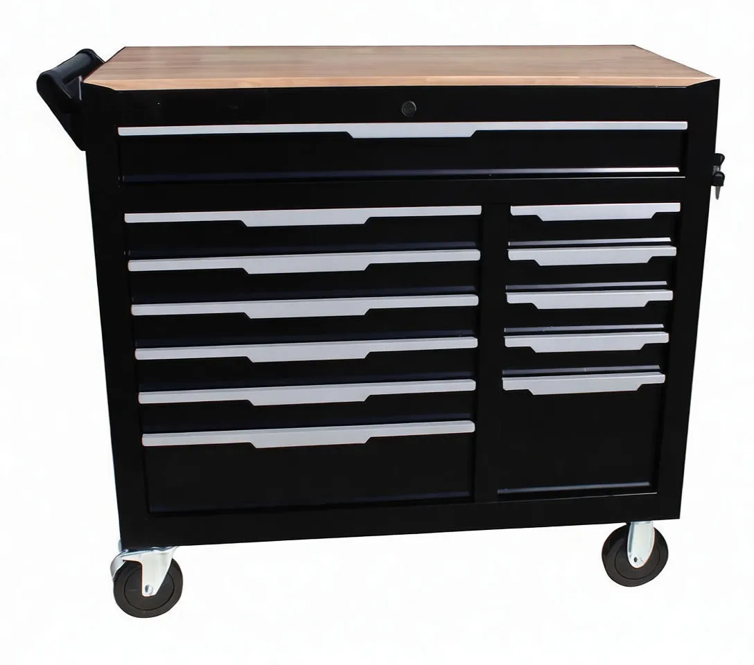 Front view of closed VISTA 12-drawer tool cabinet with wood top and visible VISTA branding