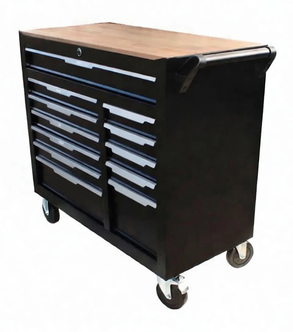Angled shot of VISTA tool cabinet with right drawers open and side handle with key