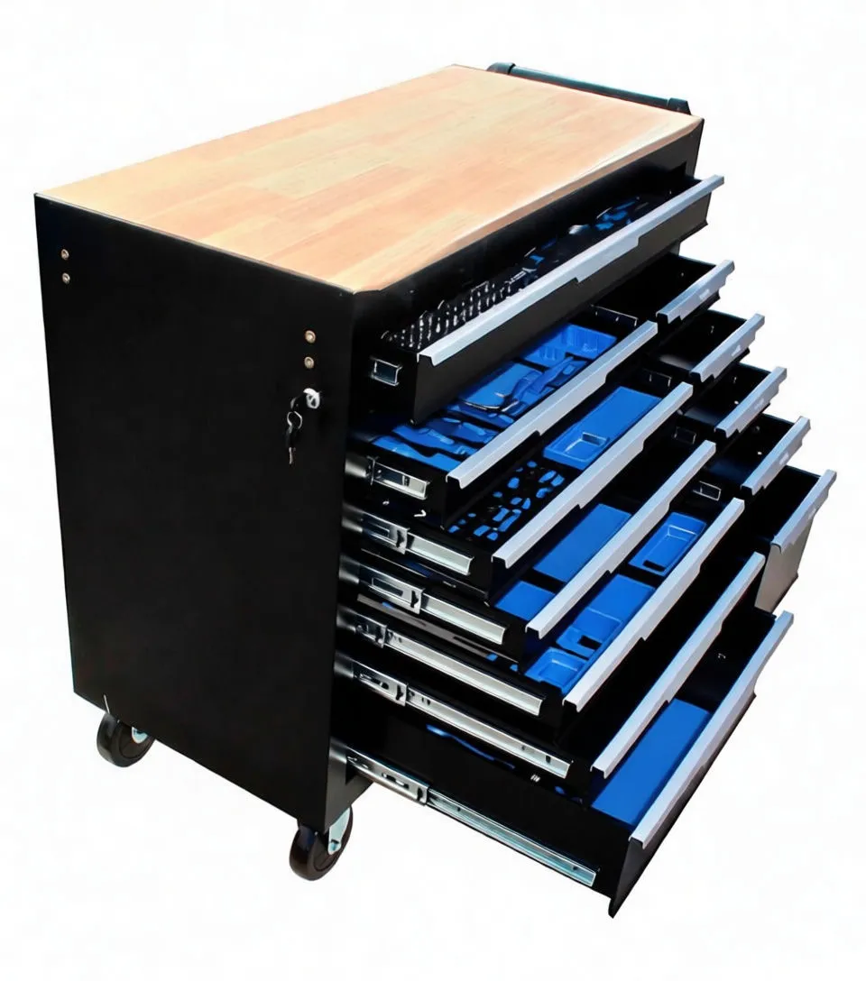 Top-left angled view of tool cabinet with many drawers open showing organized tool trays