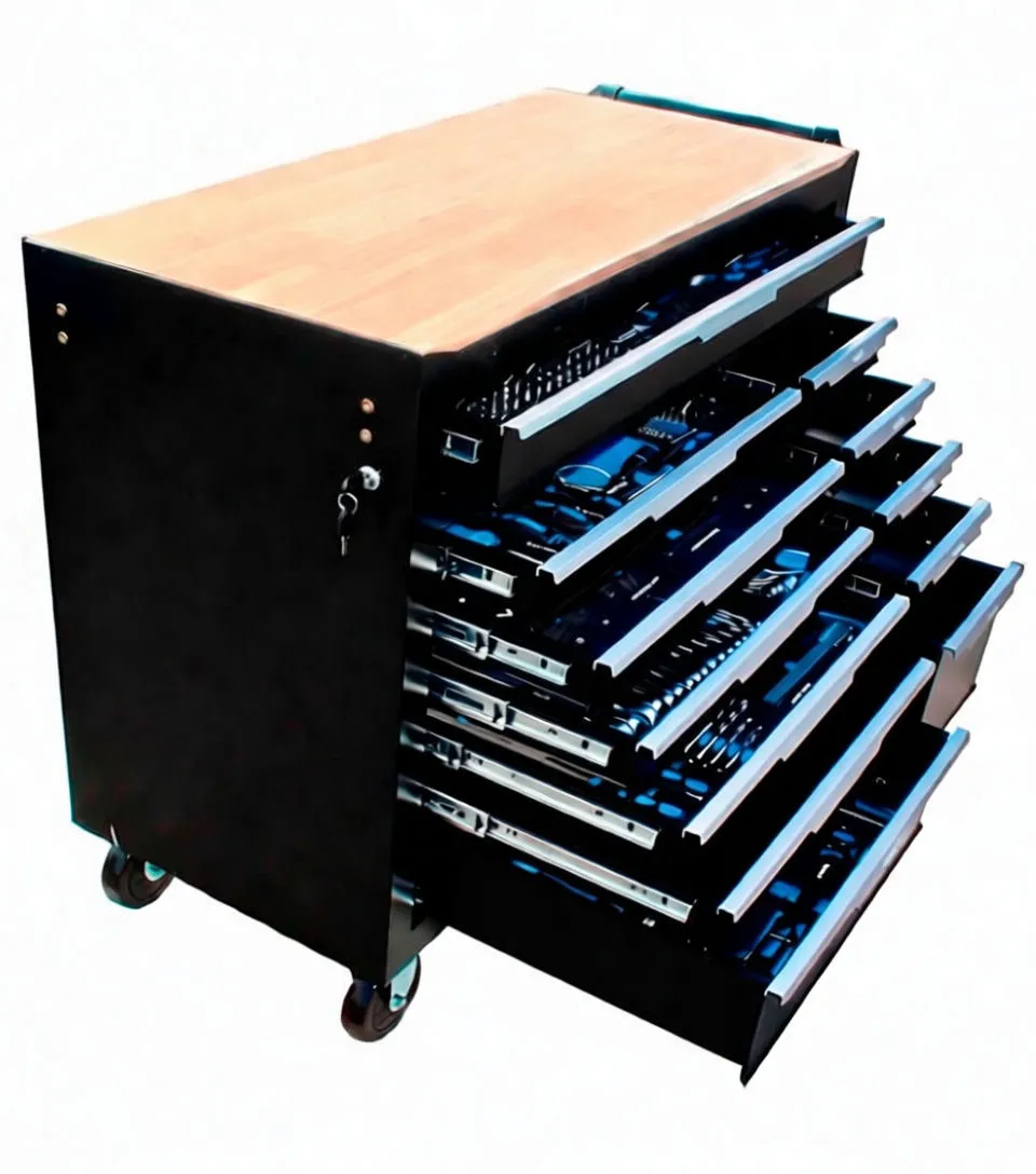 Oblique view of cabinet with many drawers open revealing tool inserts, drawer slides and side handle