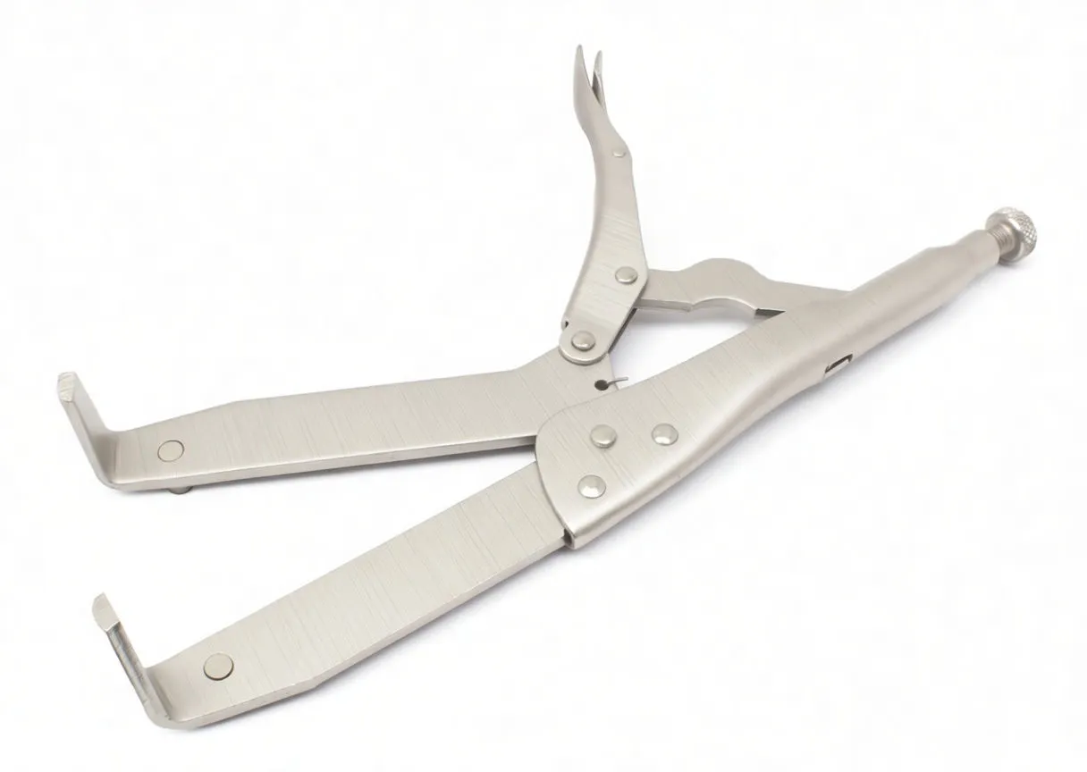 three-quarter top view of clutch basket plier showing L-shaped tips, rivets and SaTra branding