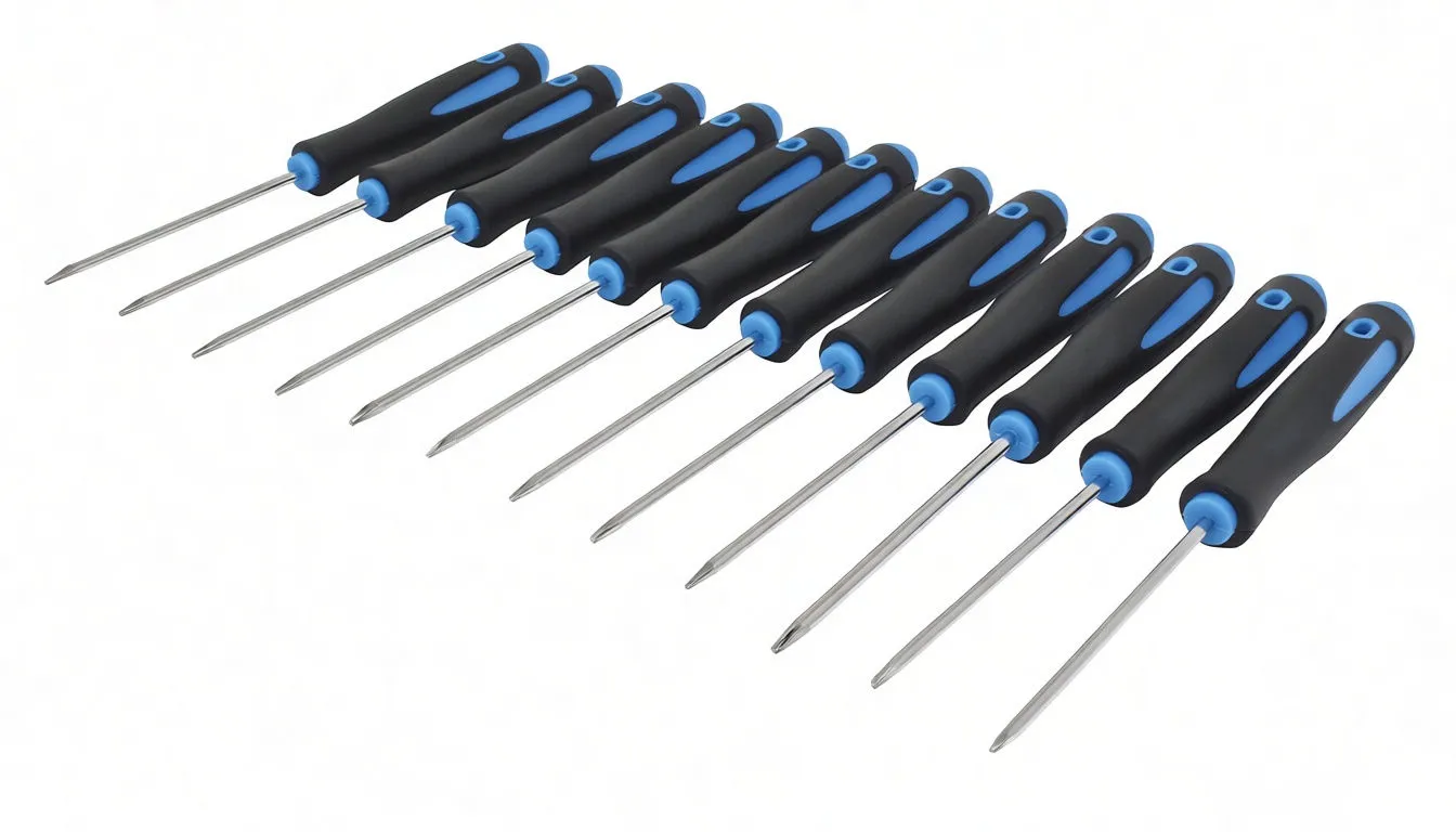 Angled view of 12 long screwdrivers and hooks showing shafts, varied tips and black/blue handles with logo