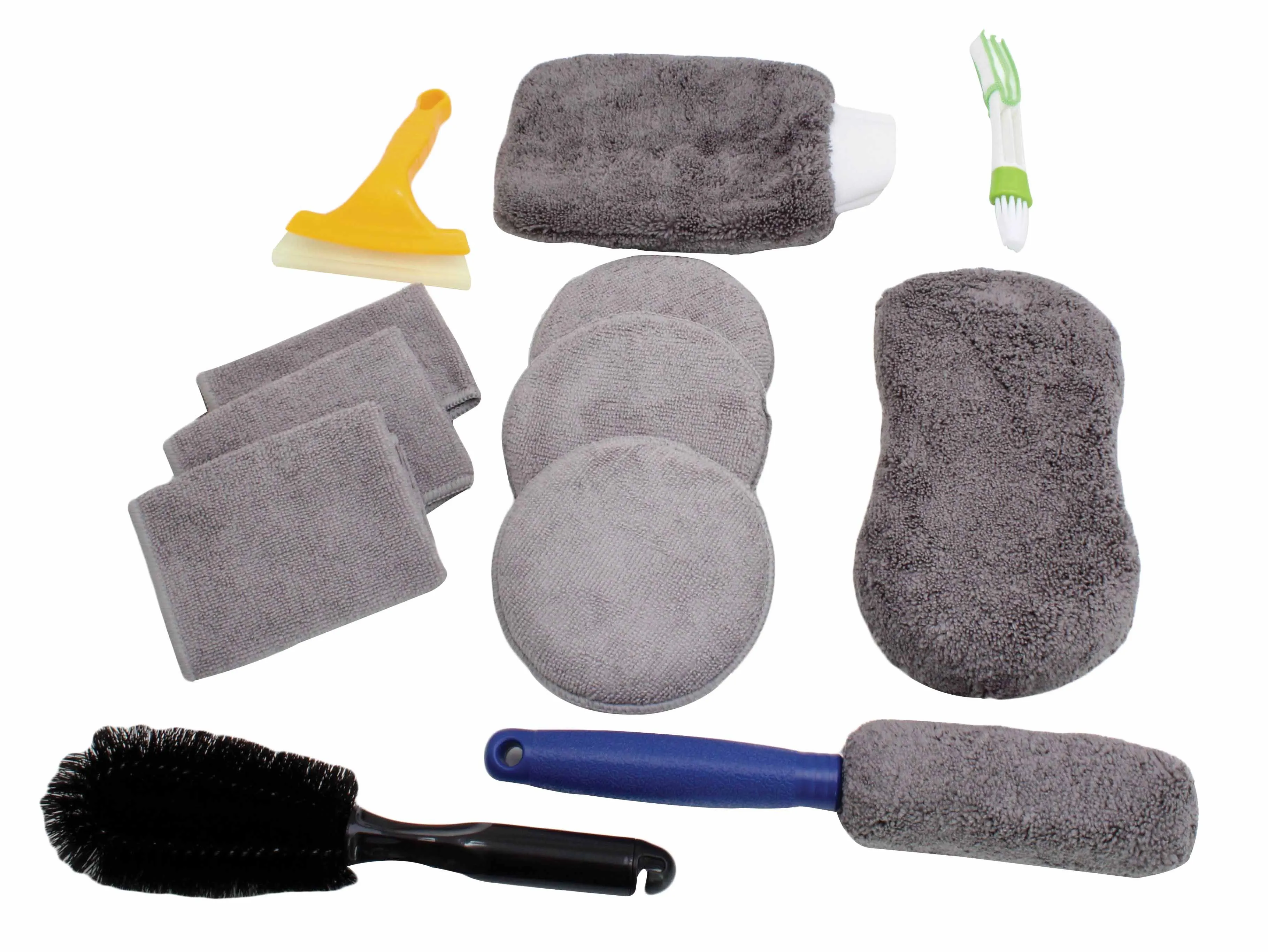Overhead view of car cleaning set with microfiber cloths and pads, mitts, blue-handled duster, black brush, yellow squeegee and detail brush