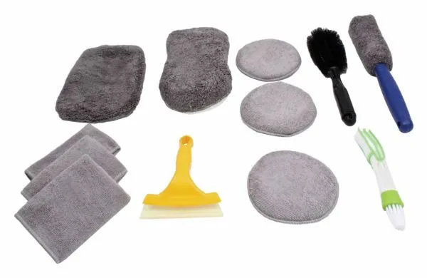 Spread-out car wash kit with microfiber mitts, round pads, cloths, squeegee, wheel brush, duster and detail brush