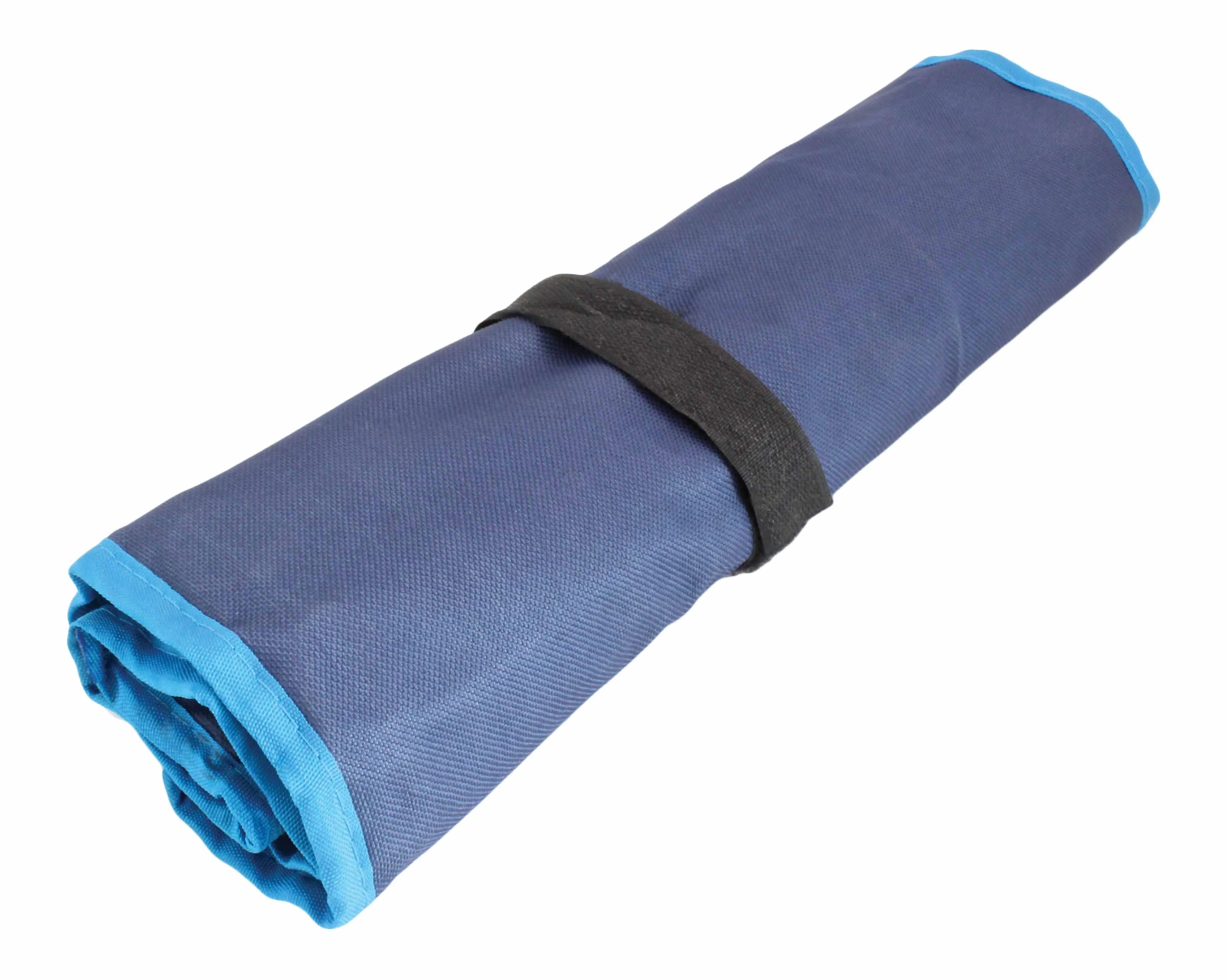 Rolled up navy blue tool pouch with black strap and blue trim