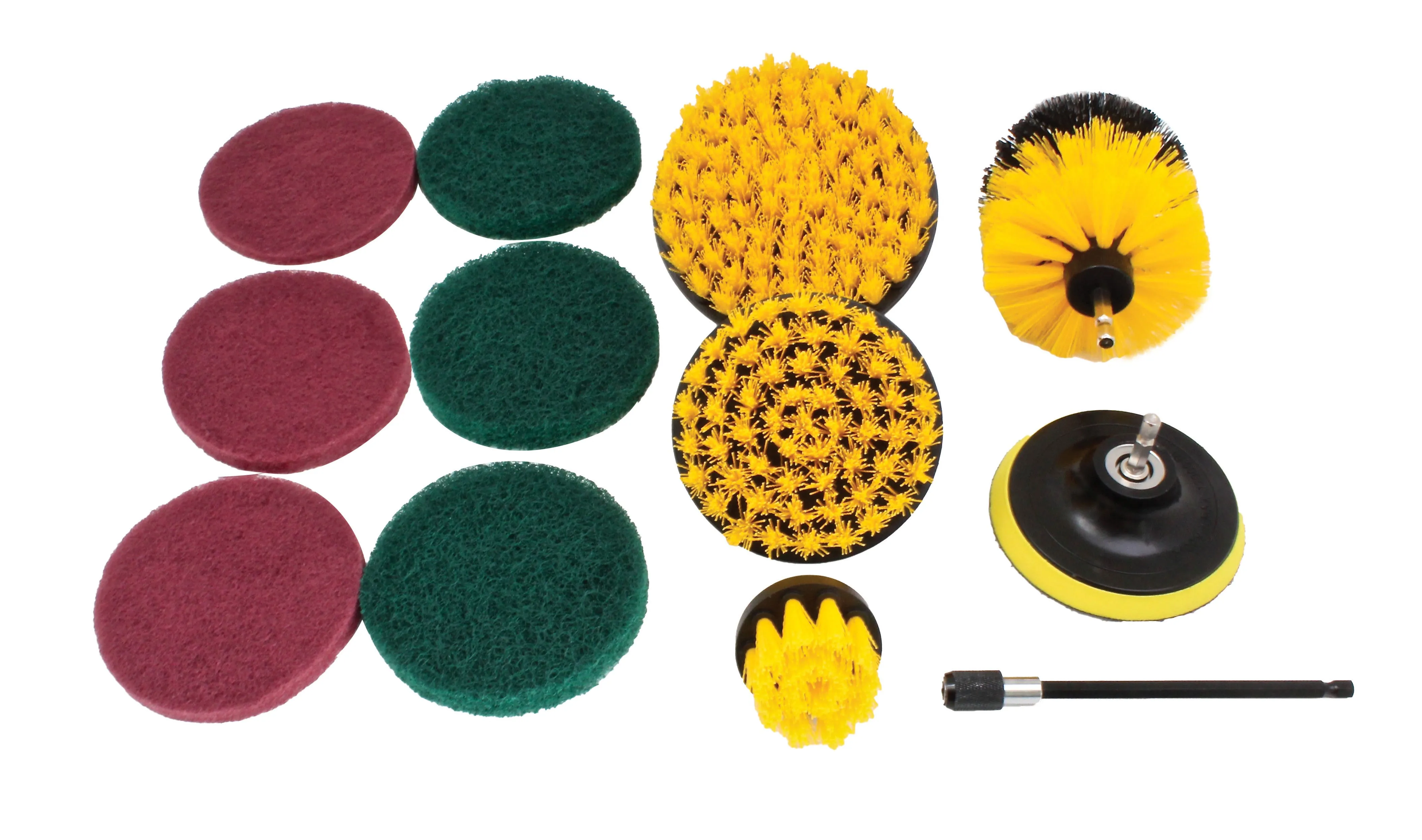 Multiple round scouring pads, yellow nylon drill brushes, a cylindrical brush, backing pad with metal shank, and an extension adapter
