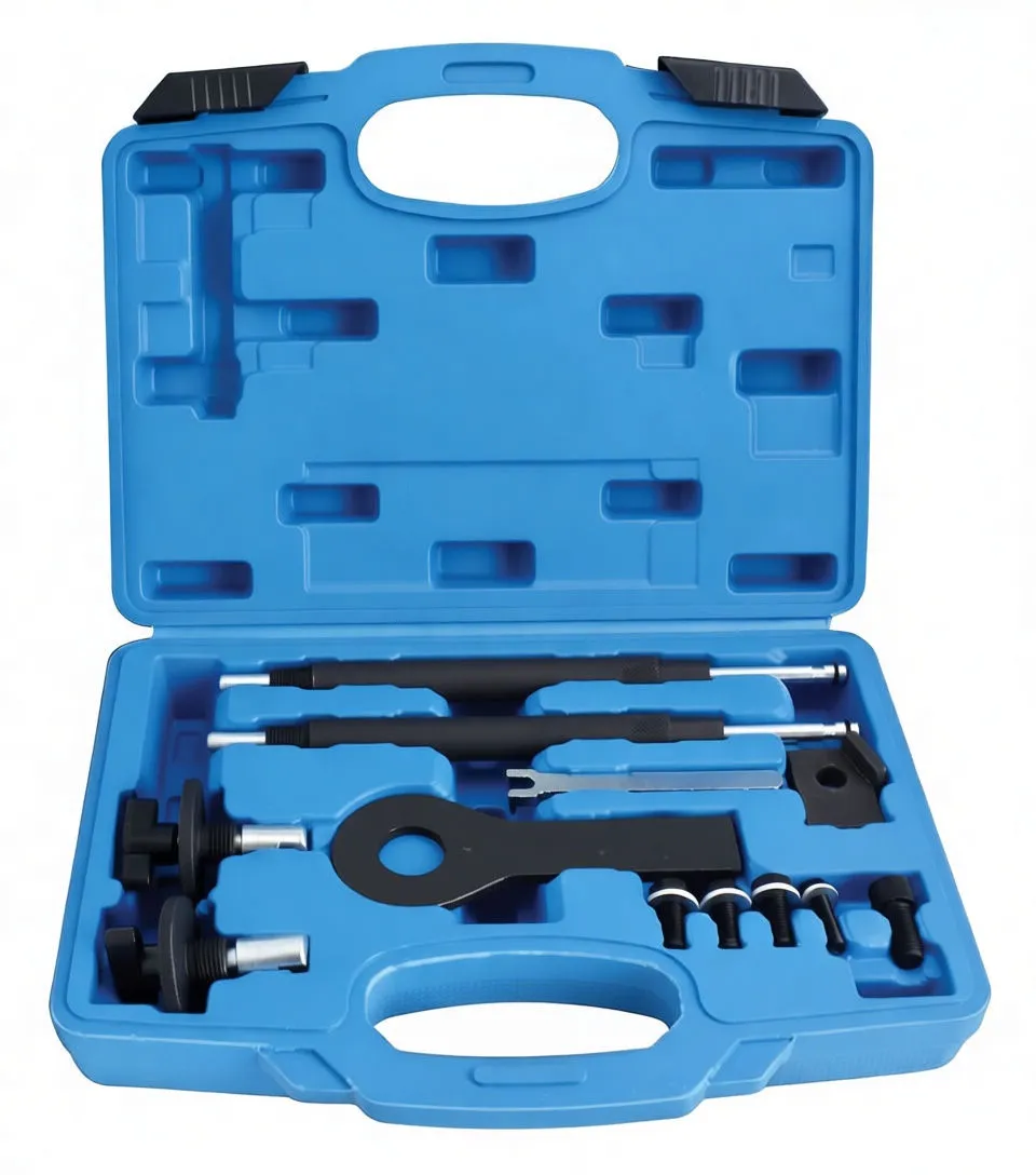 Angled view of open blue timing tool case with rods, wrench, cam pins and small bolts