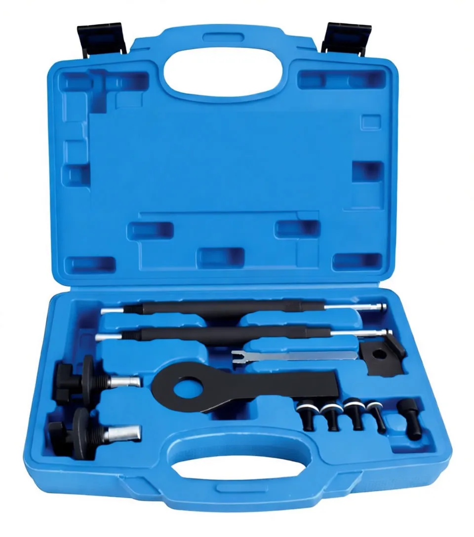 Two threaded timing rods, a black multi-hole spanner marked S-812ET and a silver fork tool on white