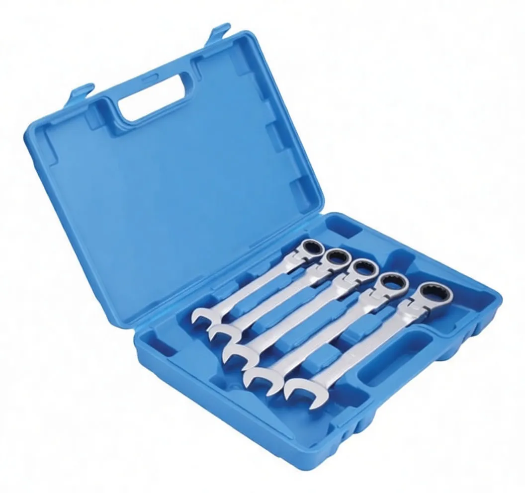 Angled shot showing chrome flex-head ratcheting wrenches in blue molded carrying case, highlighting pivoting ratchet heads