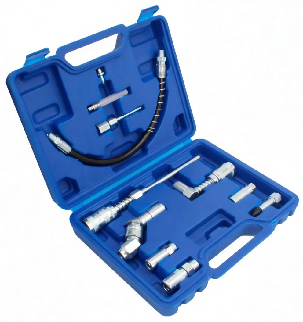 Perspective shot of an open blue case with chrome grease gun adapters, a flexible hose with metal guards and various couplers and extensions.