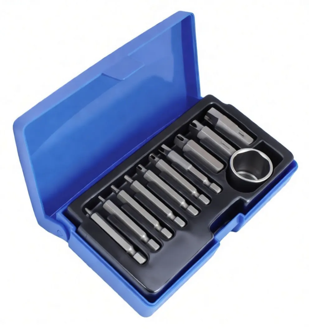 Angled perspective of open blue ASTA case with ten hex extractor bits labeled H1.5–H10 and two chrome adaptors (1/4" and 1/2") in a black tray.