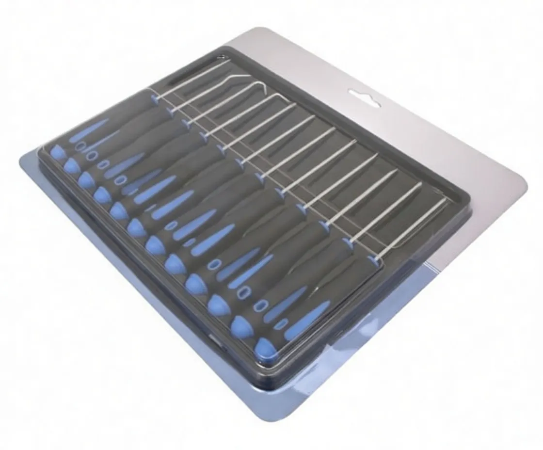 Blister-packaged 12-piece screwdrivers and hooks set with cardboard backing and visible brand name