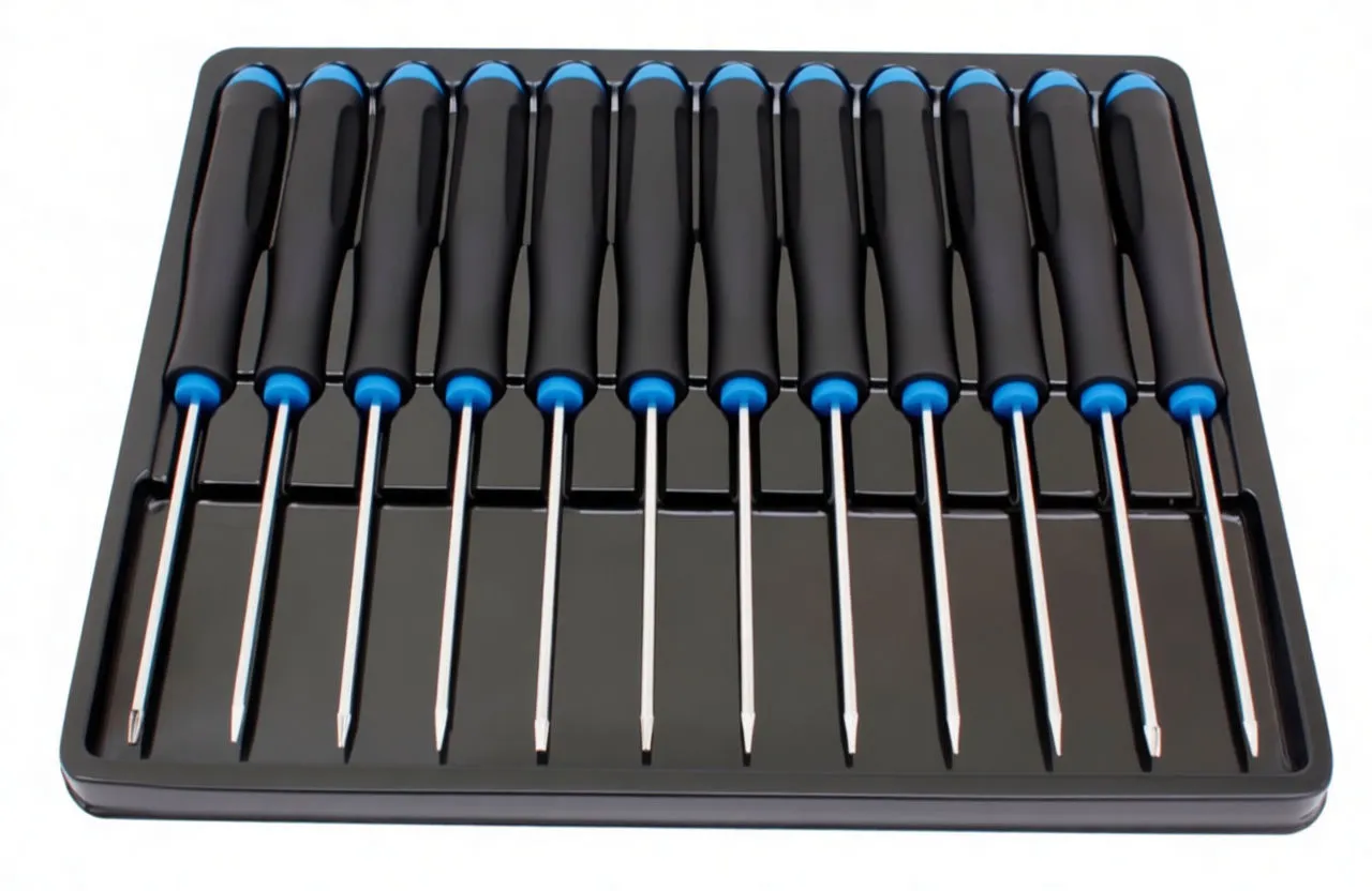 Tray view from the handle side of 12 long screwdrivers and bent hooks, black and blue handles