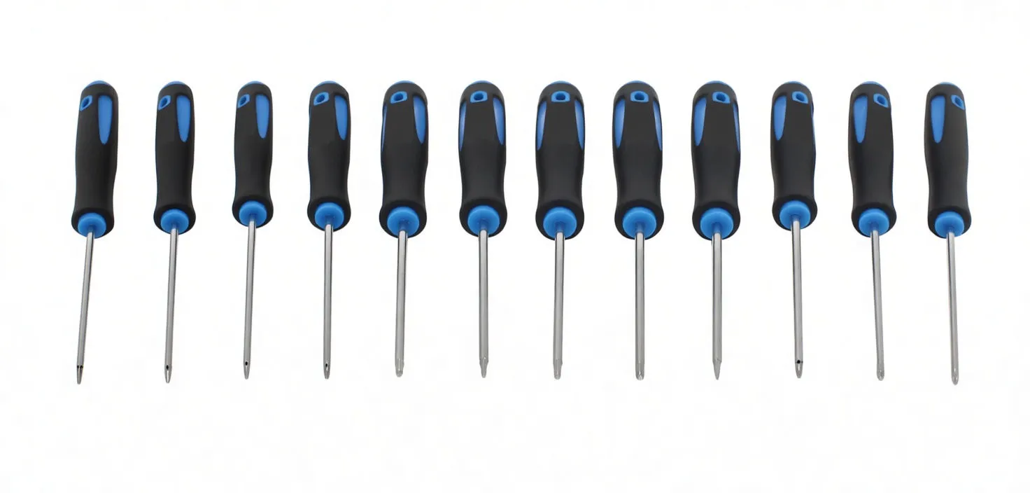 Row of 12 screwdrivers and hooks with inset circles showing close-ups of each tip type