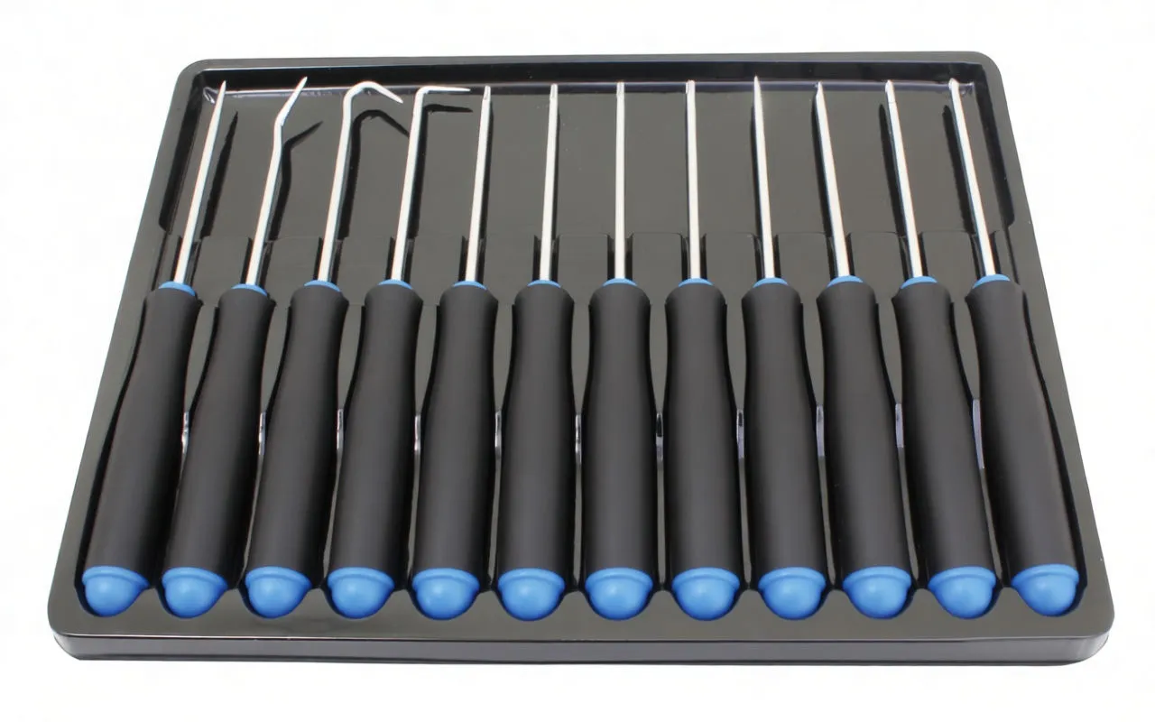 Twelve long screwdrivers and hook picks in single row, showing hook shapes and screwdriver tips