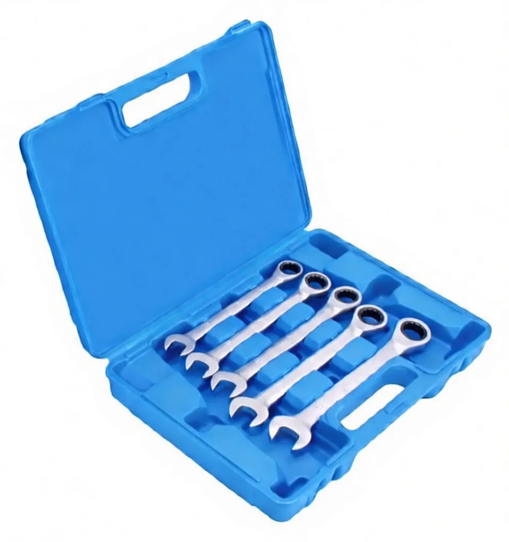 Angled view of an open blue case containing a set of chrome ratchet ring combination spanners in molded slots.
