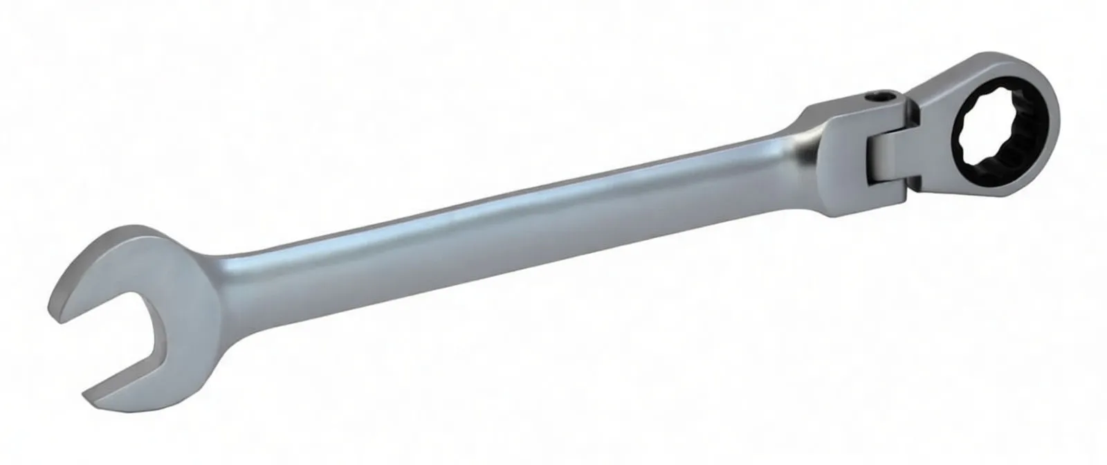 Close-up of one chrome flexible ratcheting wrench showing open jaw, hinged ratchet head and embossed '19' size marking