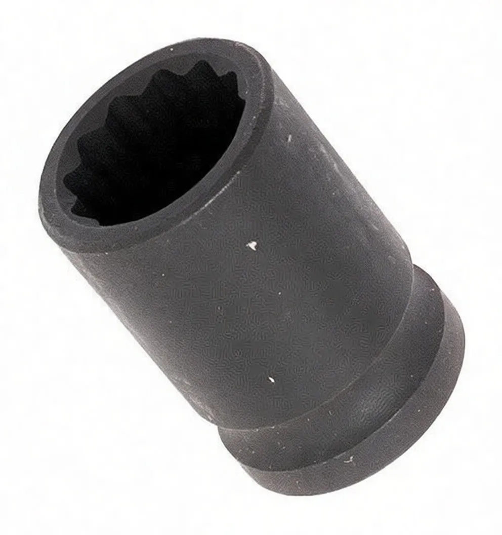 Angled view of black impact socket showing 12-point opening, ASTA 17mm CR-MO text and retention hole
