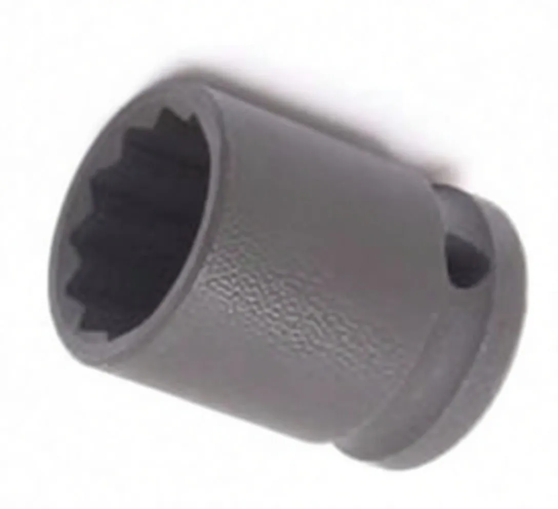 Rotated view of dark chrome-moly 21mm 12-point impact socket with printed markings and retention hole