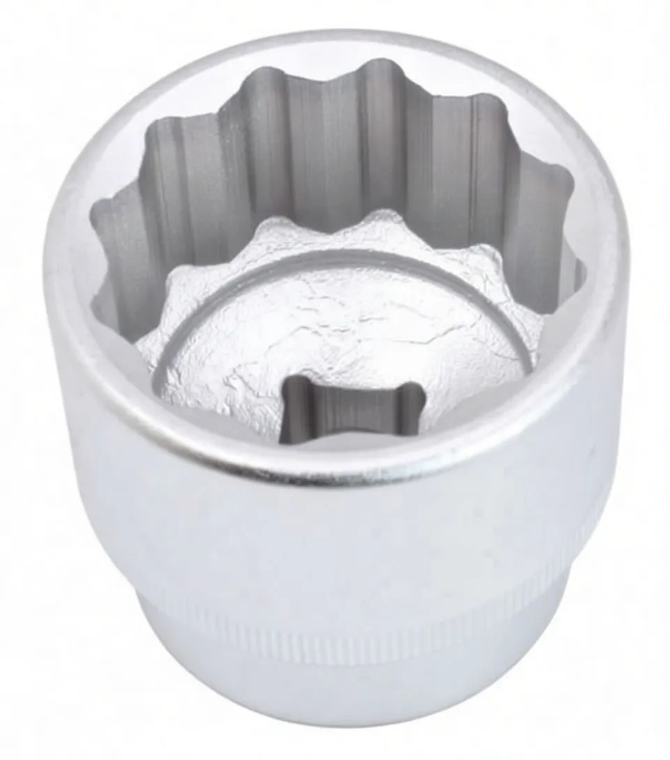 Oblique view into a 12‑point socket interior showing ribs and exterior knurled band with faint logo
