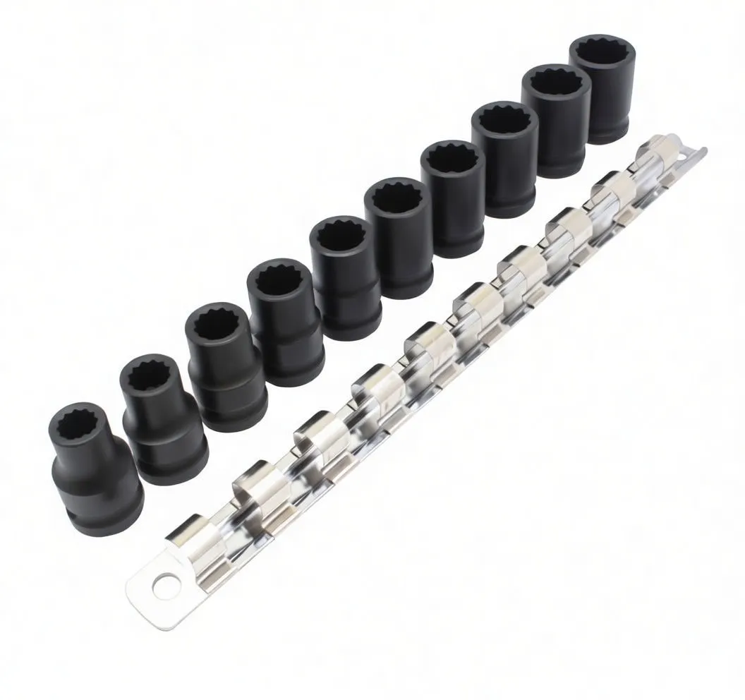 Diagonal top view of ten black impact sockets on a chrome rail, showing side markings, stepped shoulders and retention holes.