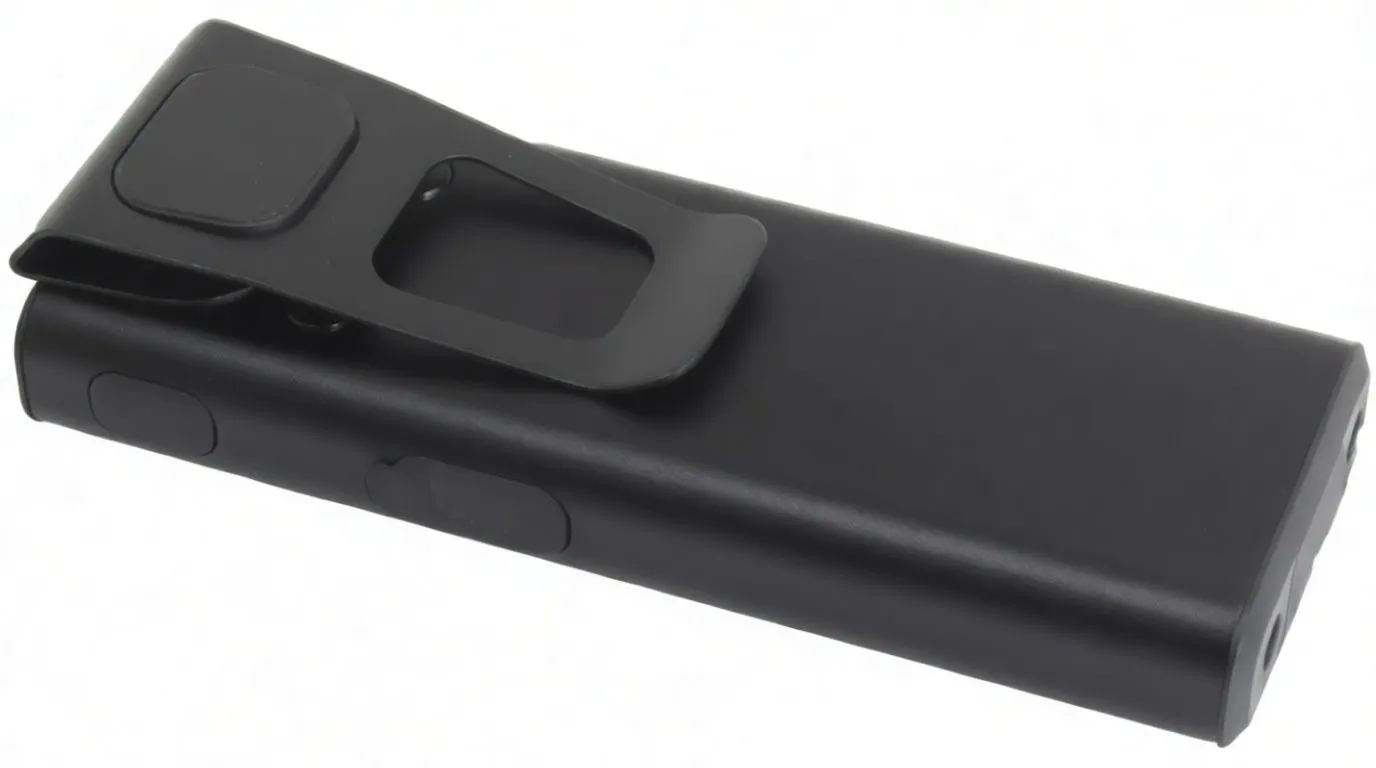 Rear view of worklight showing belt clip, product text (1200LM rechargeable work light 3.7V 2000mAh), CE and recycling icons