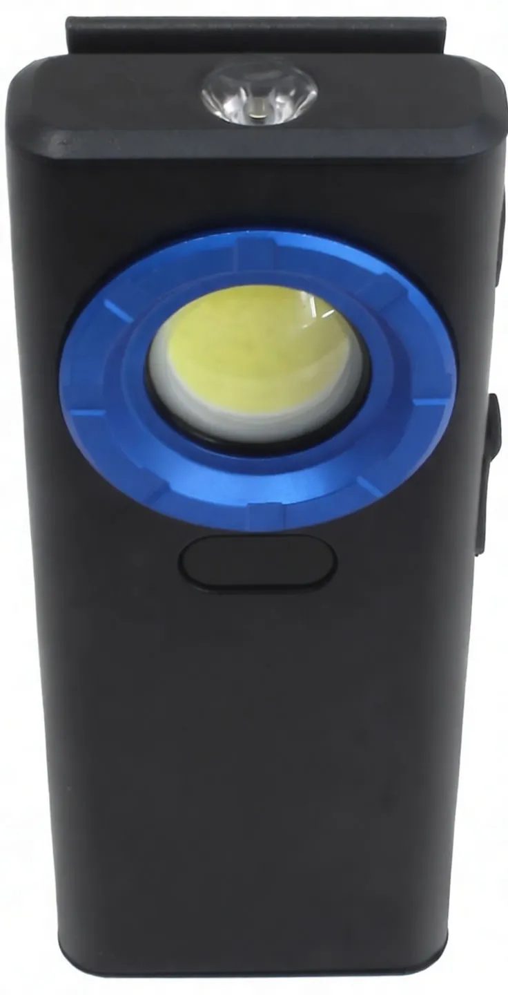 Front view of black worklight with large COB LED, smaller top LED, ASTA logo and clip visible