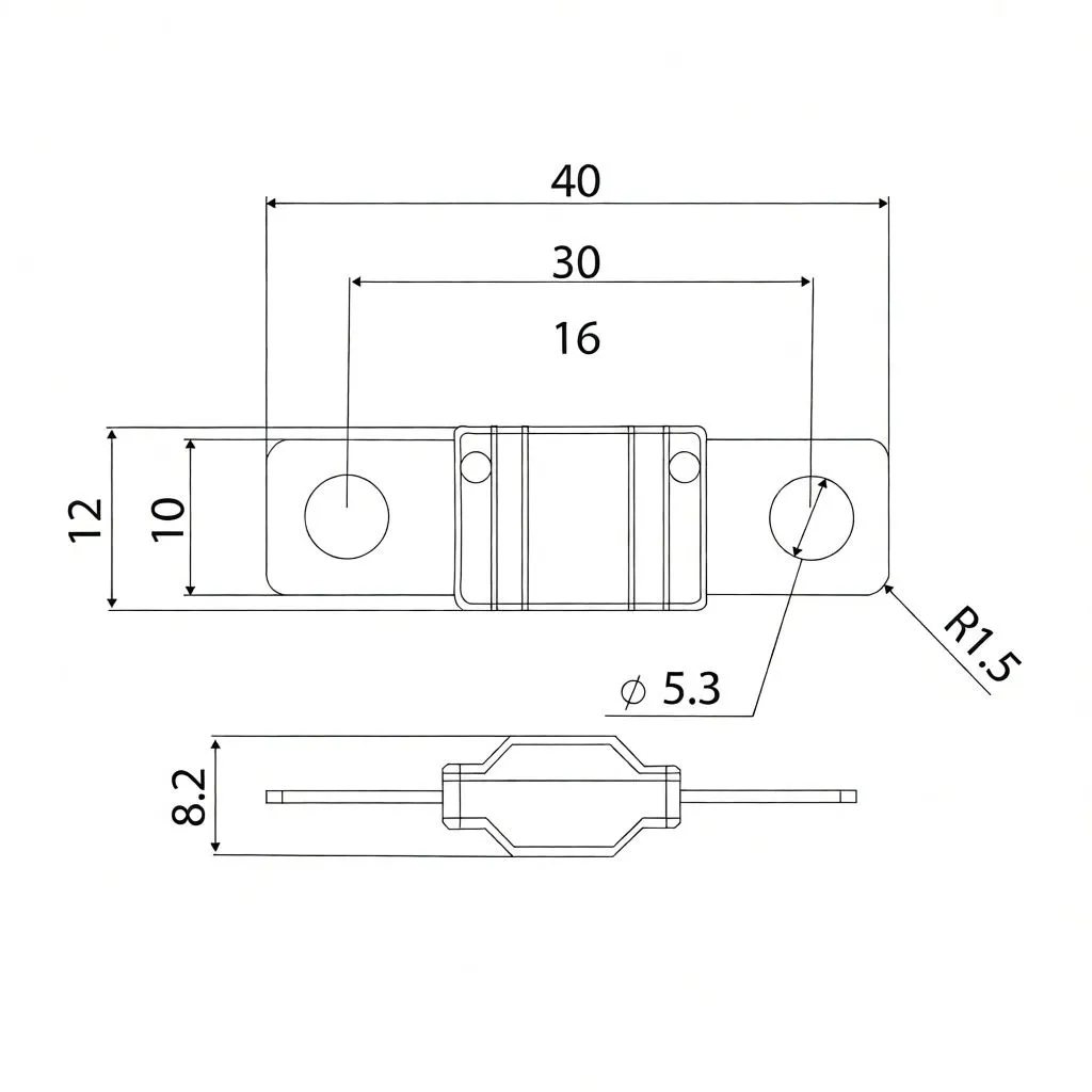 Dimensioned technical drawing of 125A MIDI fuse with measurements (40 mm, 30 mm, Ø5.3 mm, 8.2 mm)