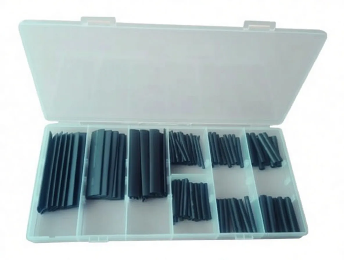 Translucent organizer box containing sorted black heat-shrink tubing pieces of varying sizes