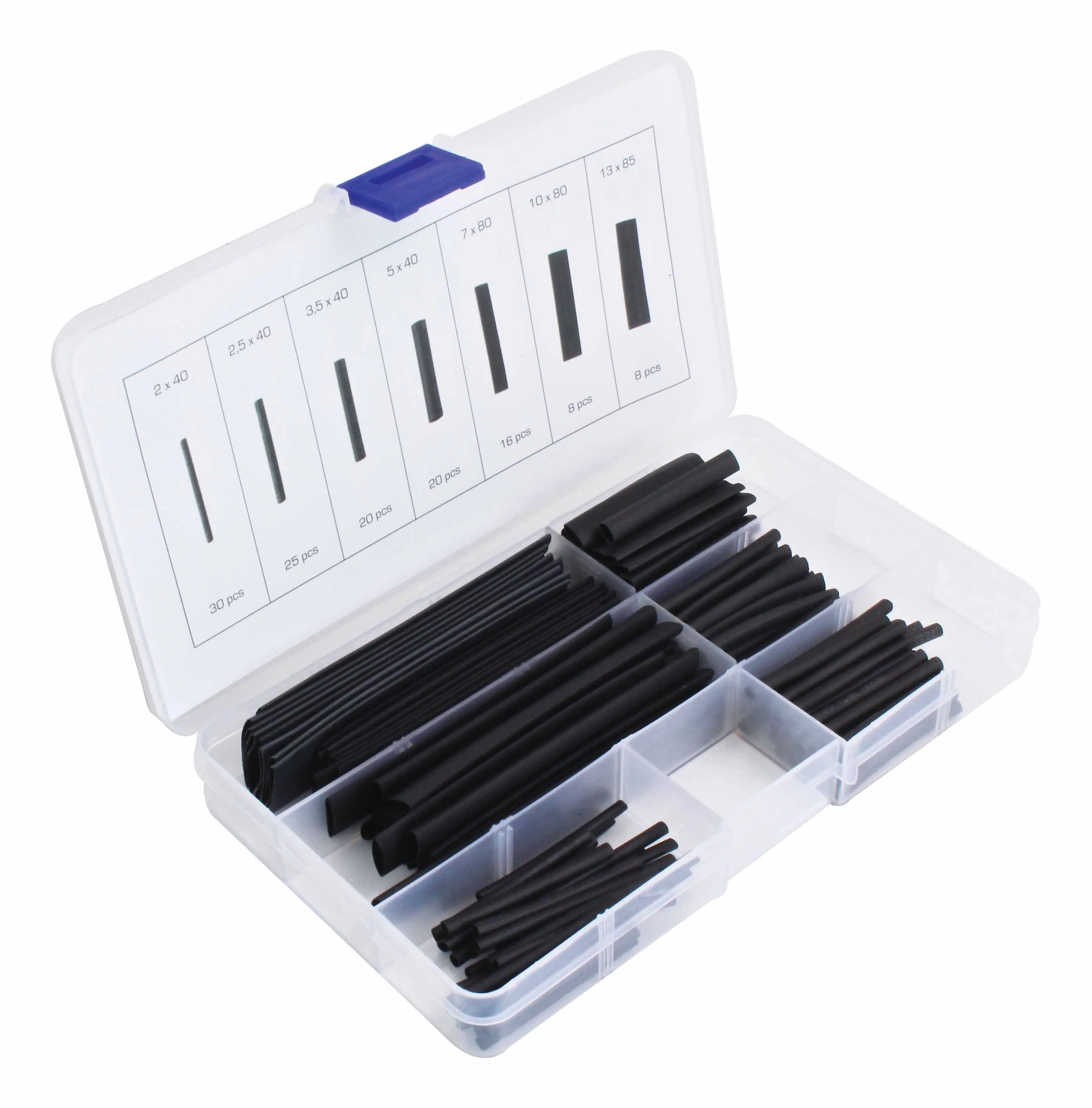 Angled view of the open clear box showing compartments of different sized black heat shrink tubes and a size chart on the lid