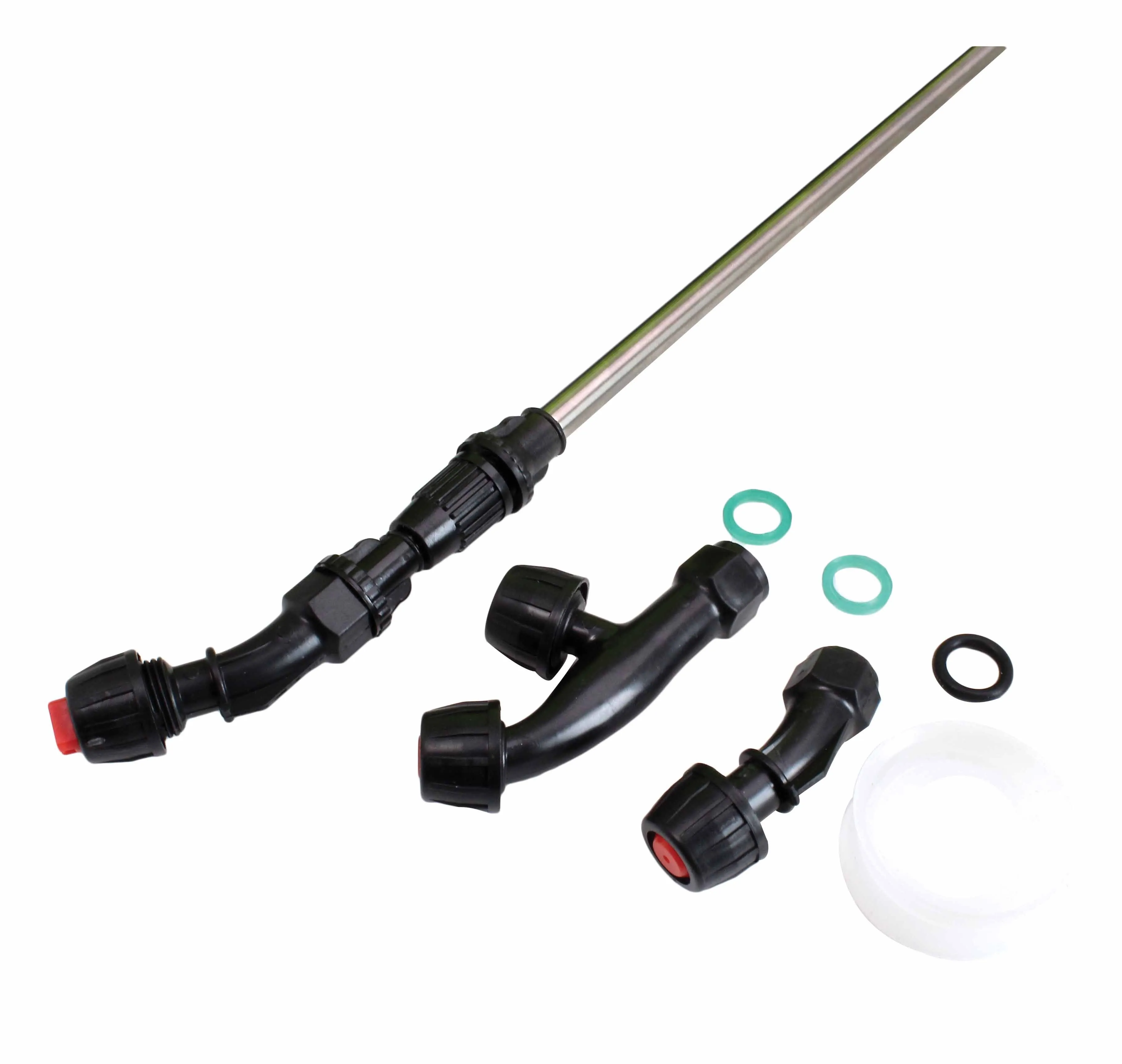 Spray lance and separate nozzle adapters, O-rings and sealing collar laid out on white background
