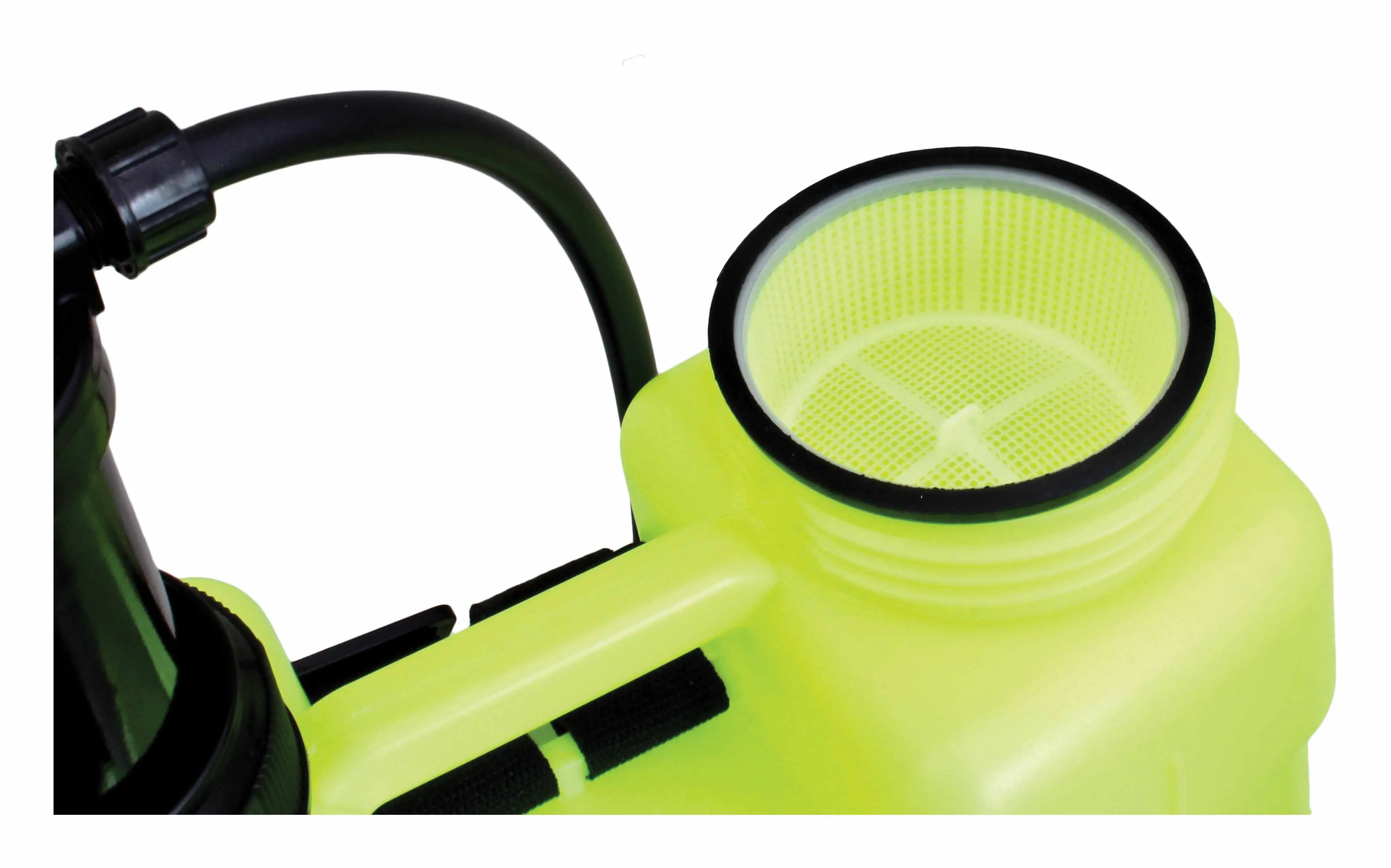 Close-up of open fill neck with mesh strainer inside and nearby pump hose