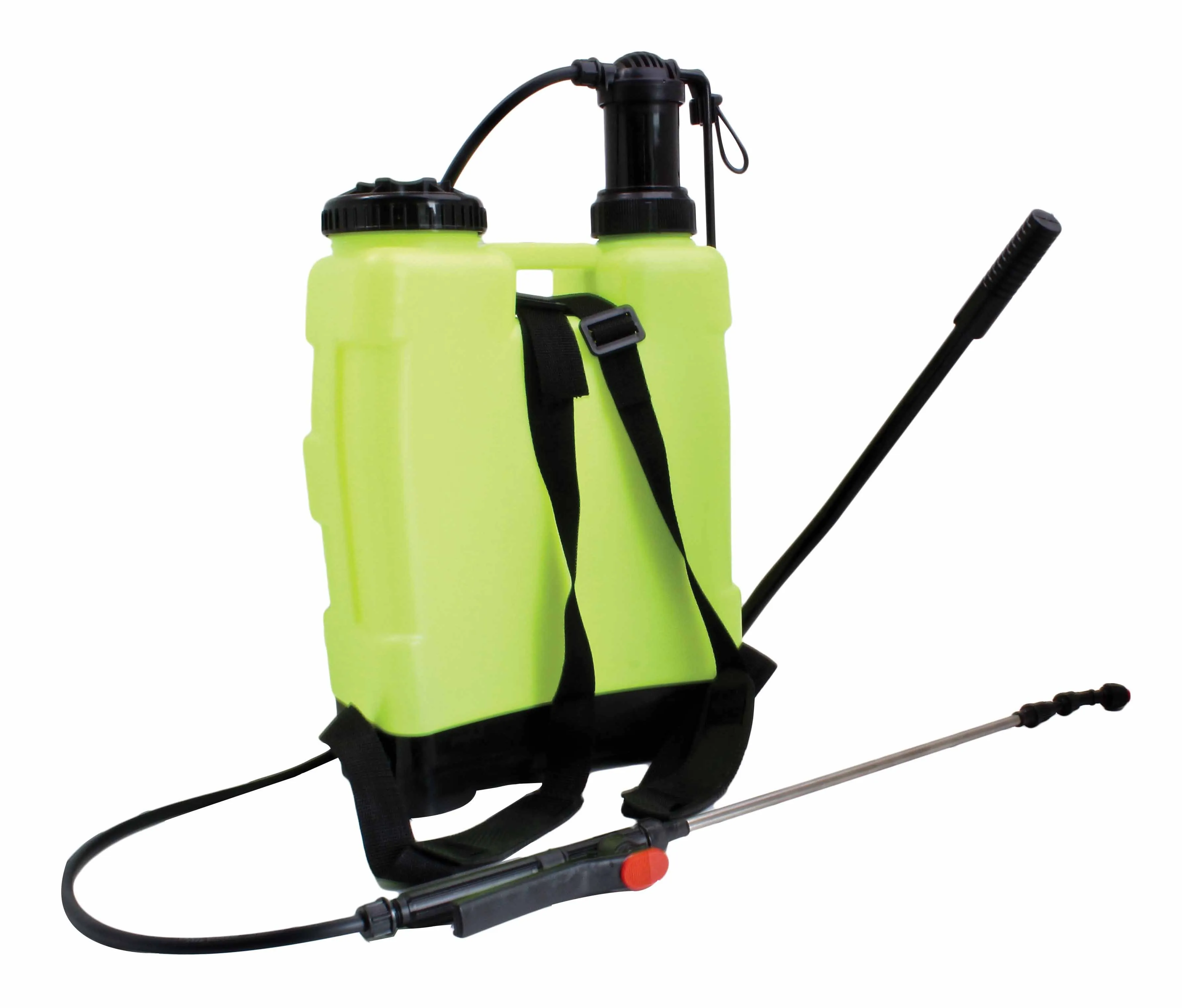 Rear view of sprayer showing shoulder straps, pump lever, dual top caps and stainless lance