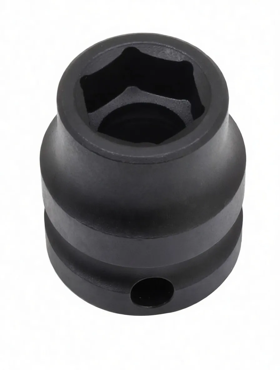 Top-down view into the 6-point cavity of a short black ASTA 13 mm Cr-Mo impact socket with printed markings and side pin hole.