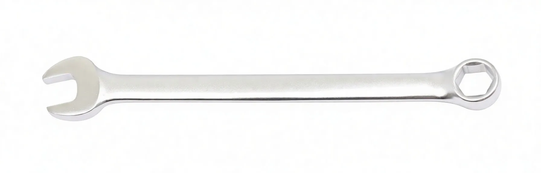 Diagonal view of a polished 12 mm combination wrench showing box end and open end.