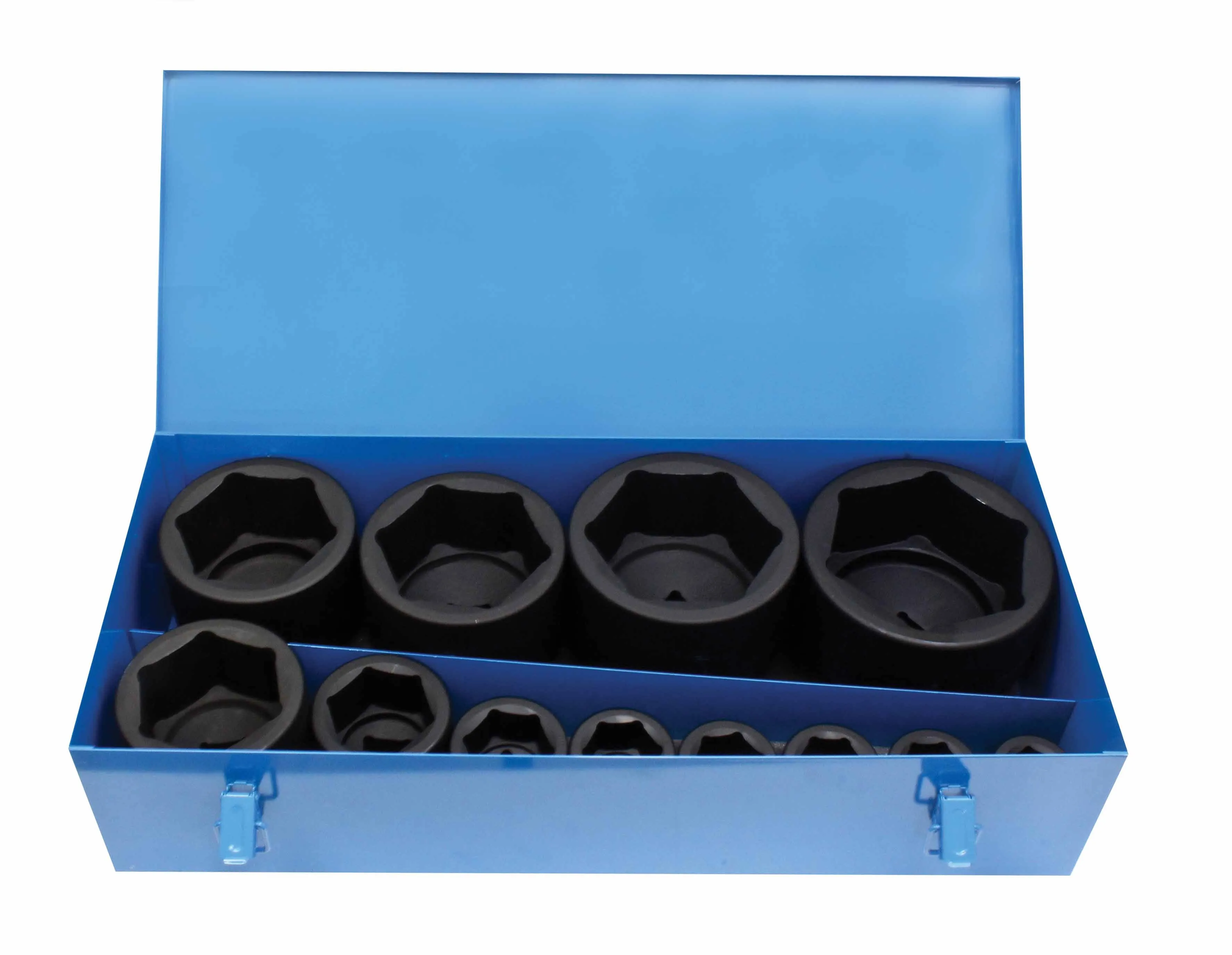 Top view of open blue case with rows of black impact sockets visible