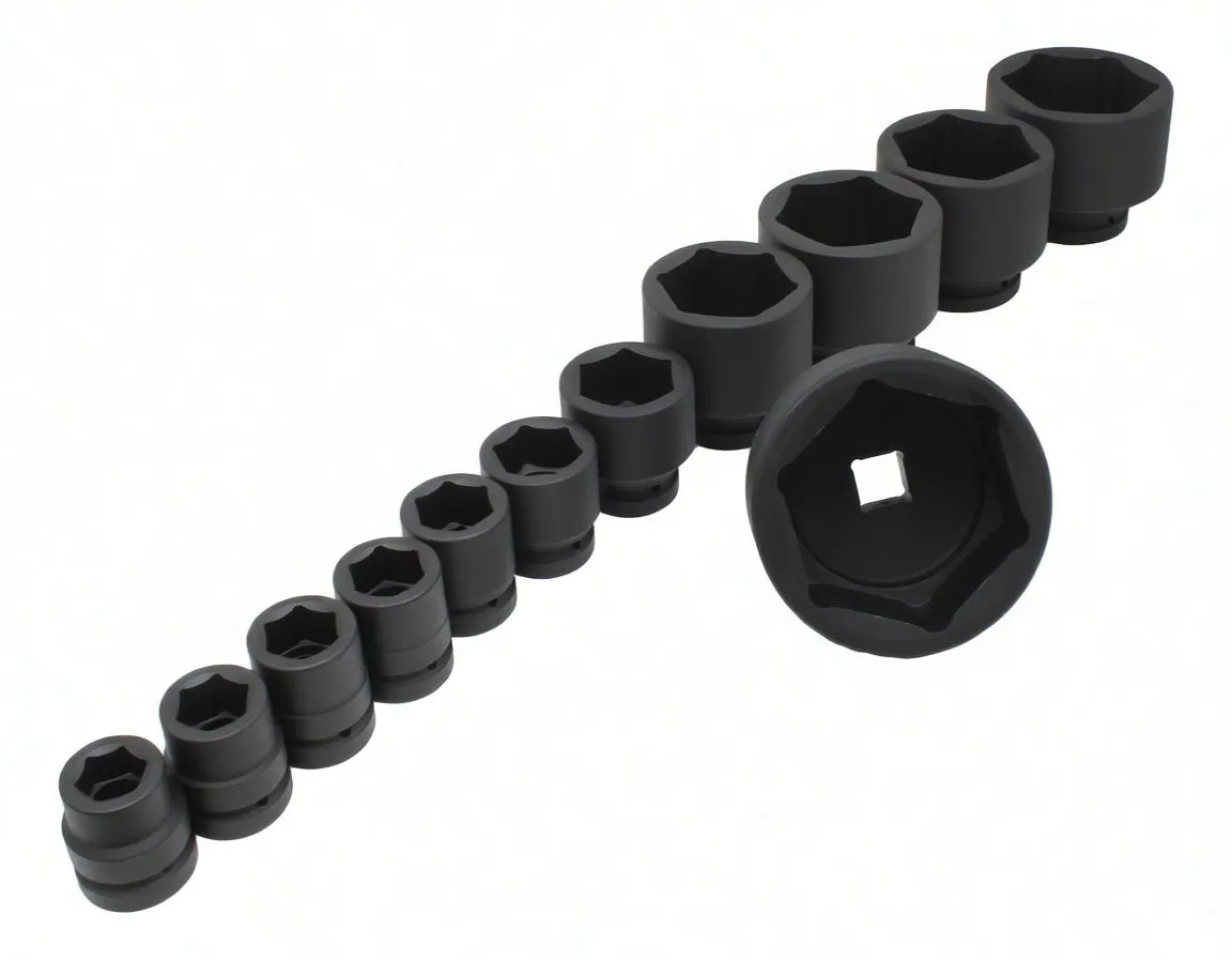 Line of black 6-point impact sockets on white background with close-up of largest showing square 1-inch drive