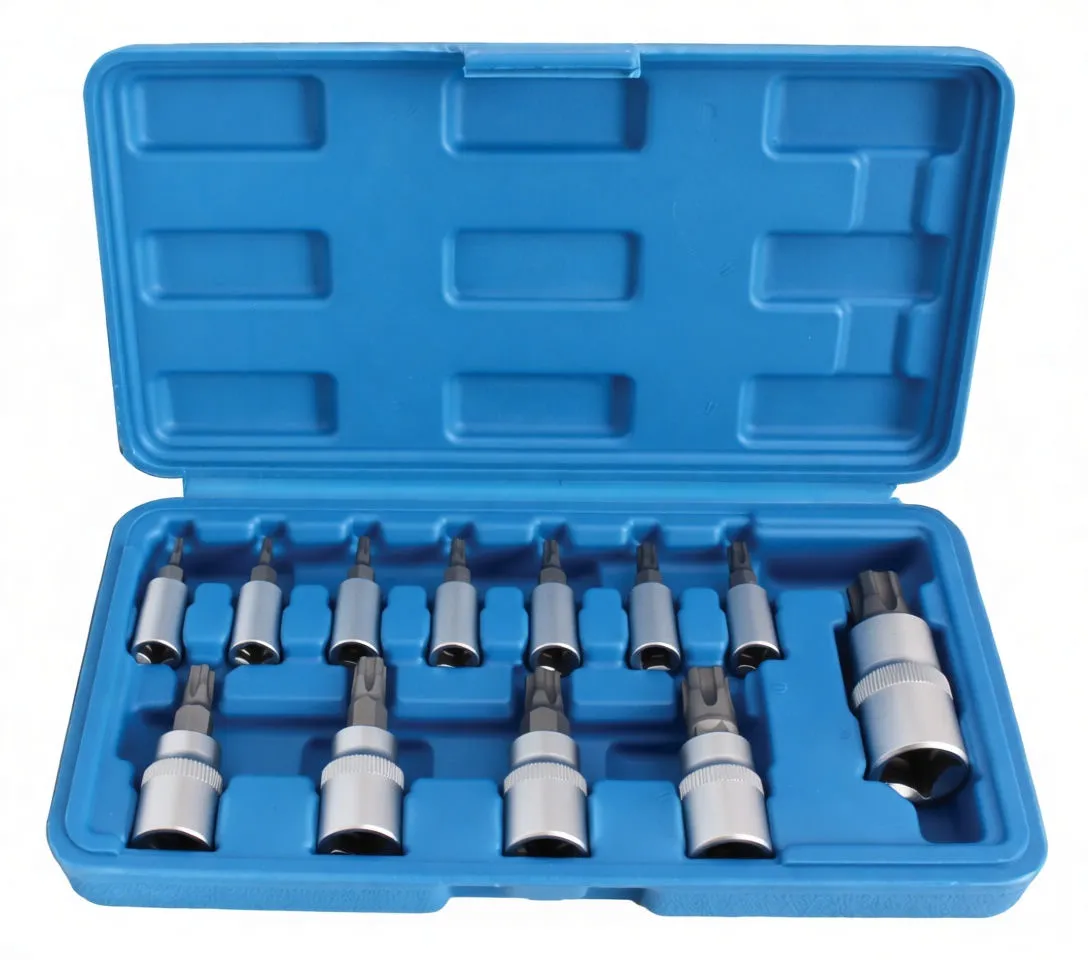 Row of 12 chrome 5-point star bit sockets, smallest to largest, on white background