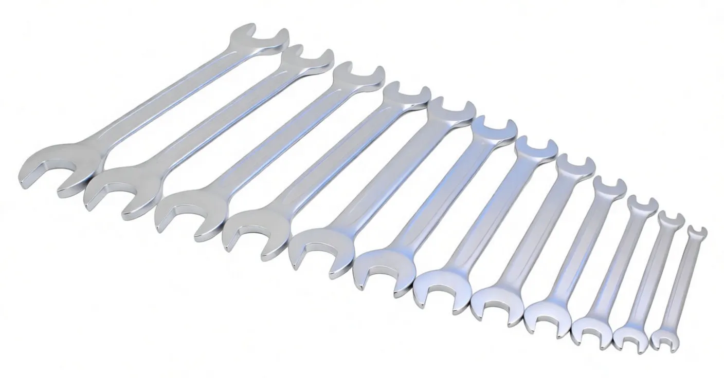 Close-up of one double open-end spanner with embossed 'satra' brand on the shank