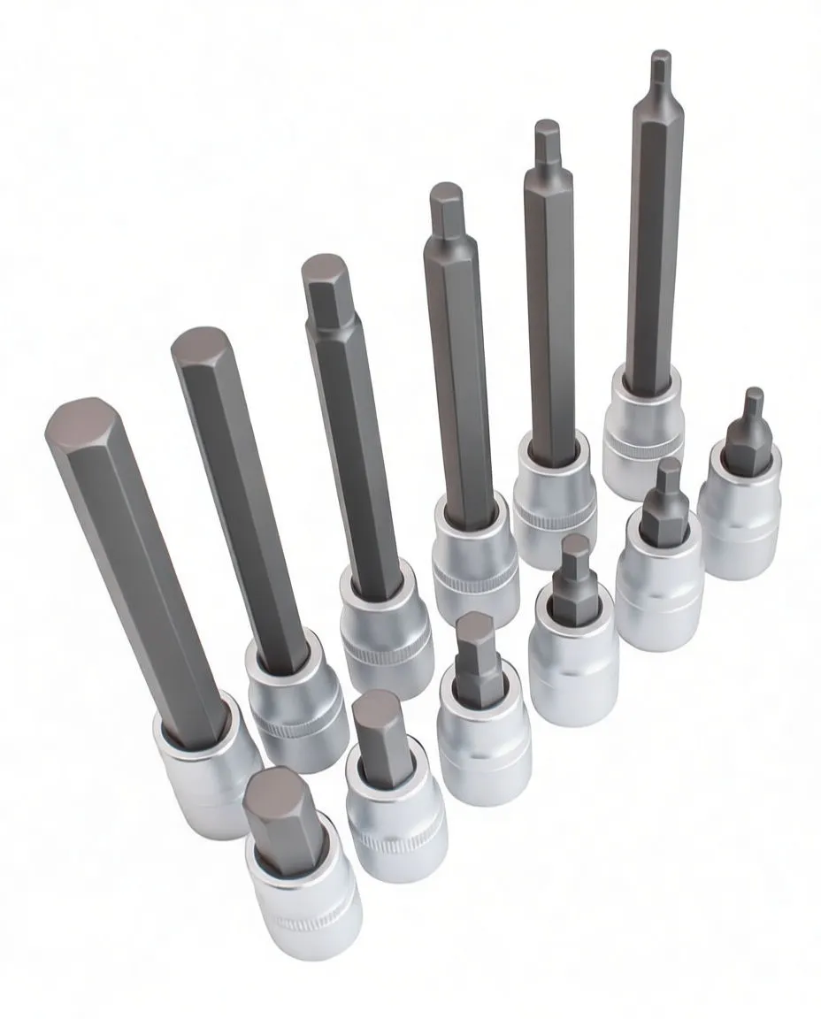 Twelve hex bit sockets arranged upright showing dark hex shafts and silver chrome socket bodies with knurled grips.