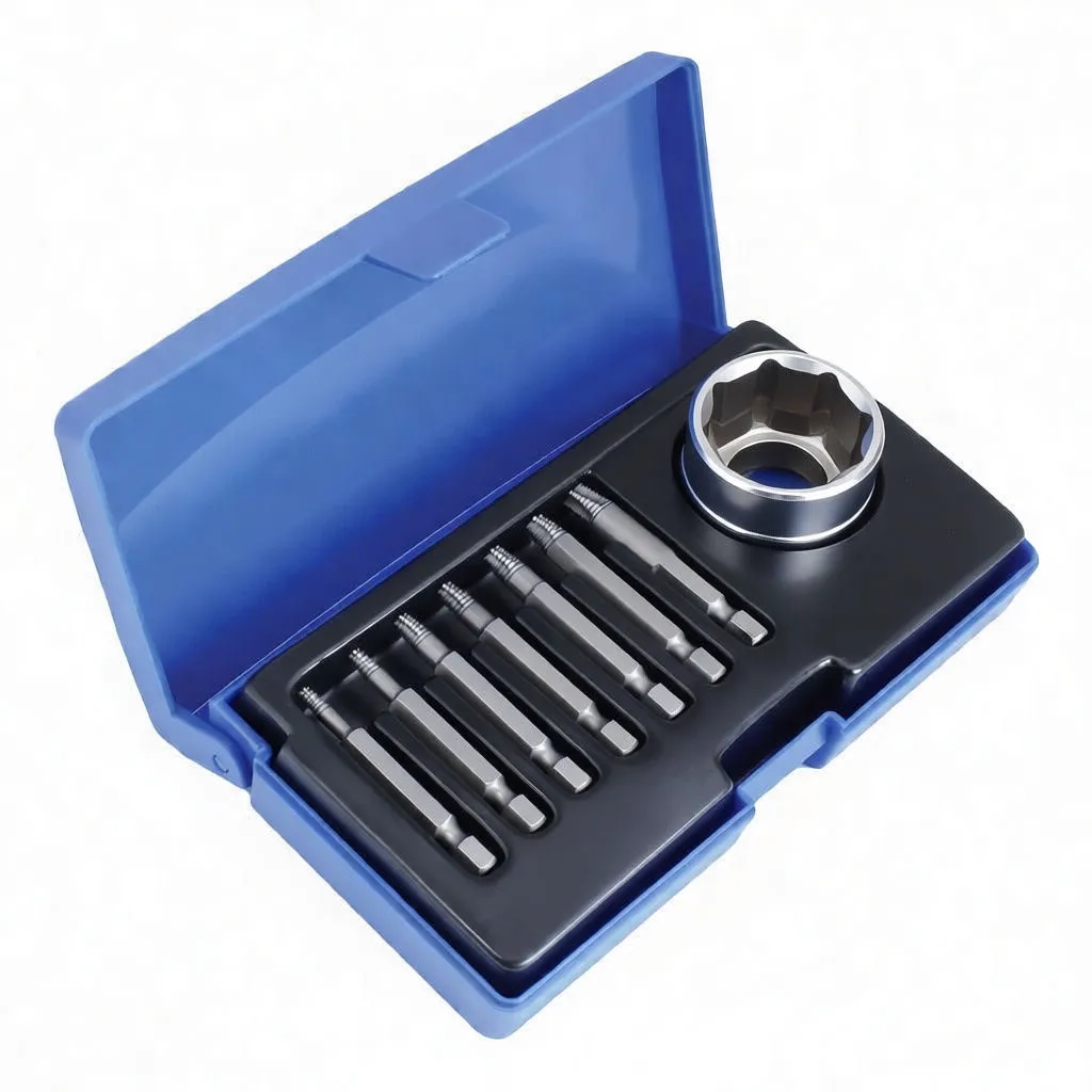 Angled shot of an open blue case with ten Torx extractor bits and two drive adapters, labeled TE10–TE55 and branded ASTA A-T12ES.