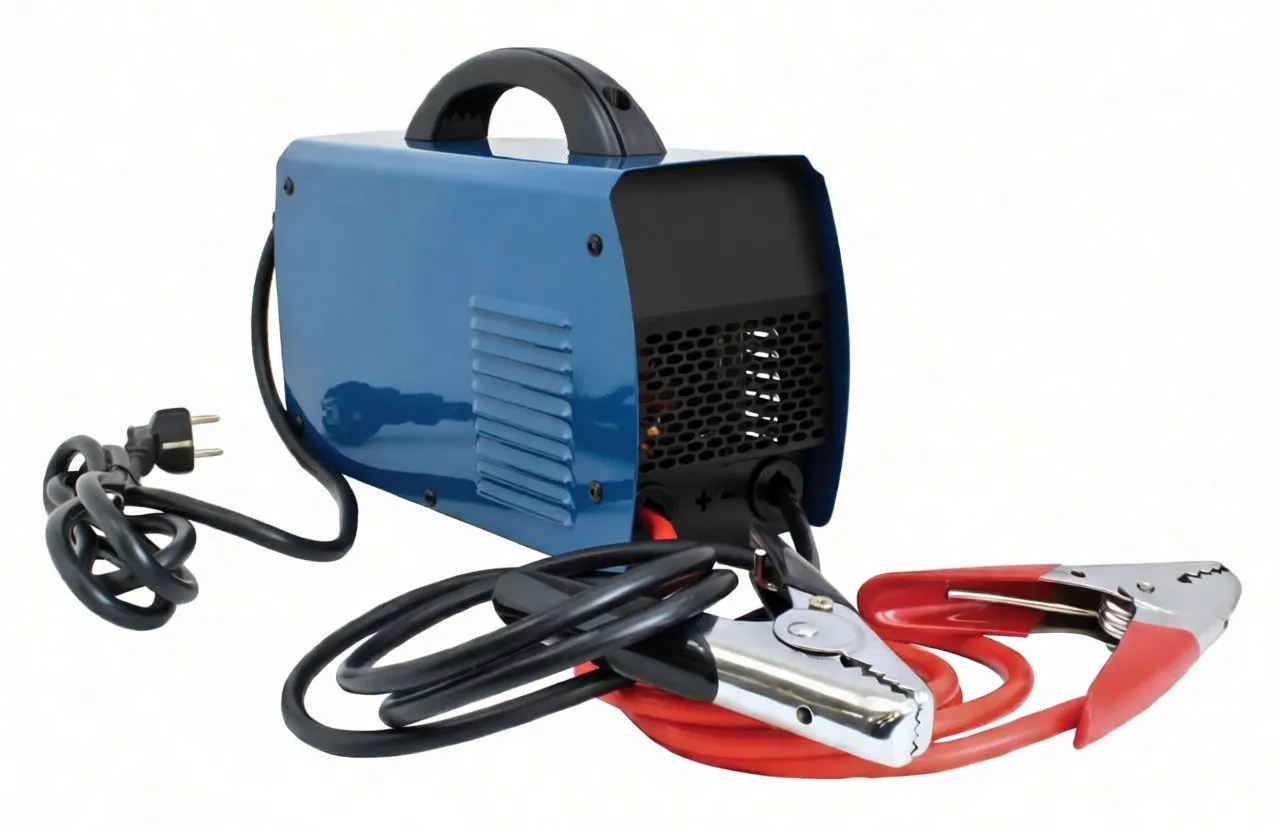 Back view of inverter charger showing fan grill, red ON/OFF rocker, AC inlet, plugged power cord and attached jumper cables.