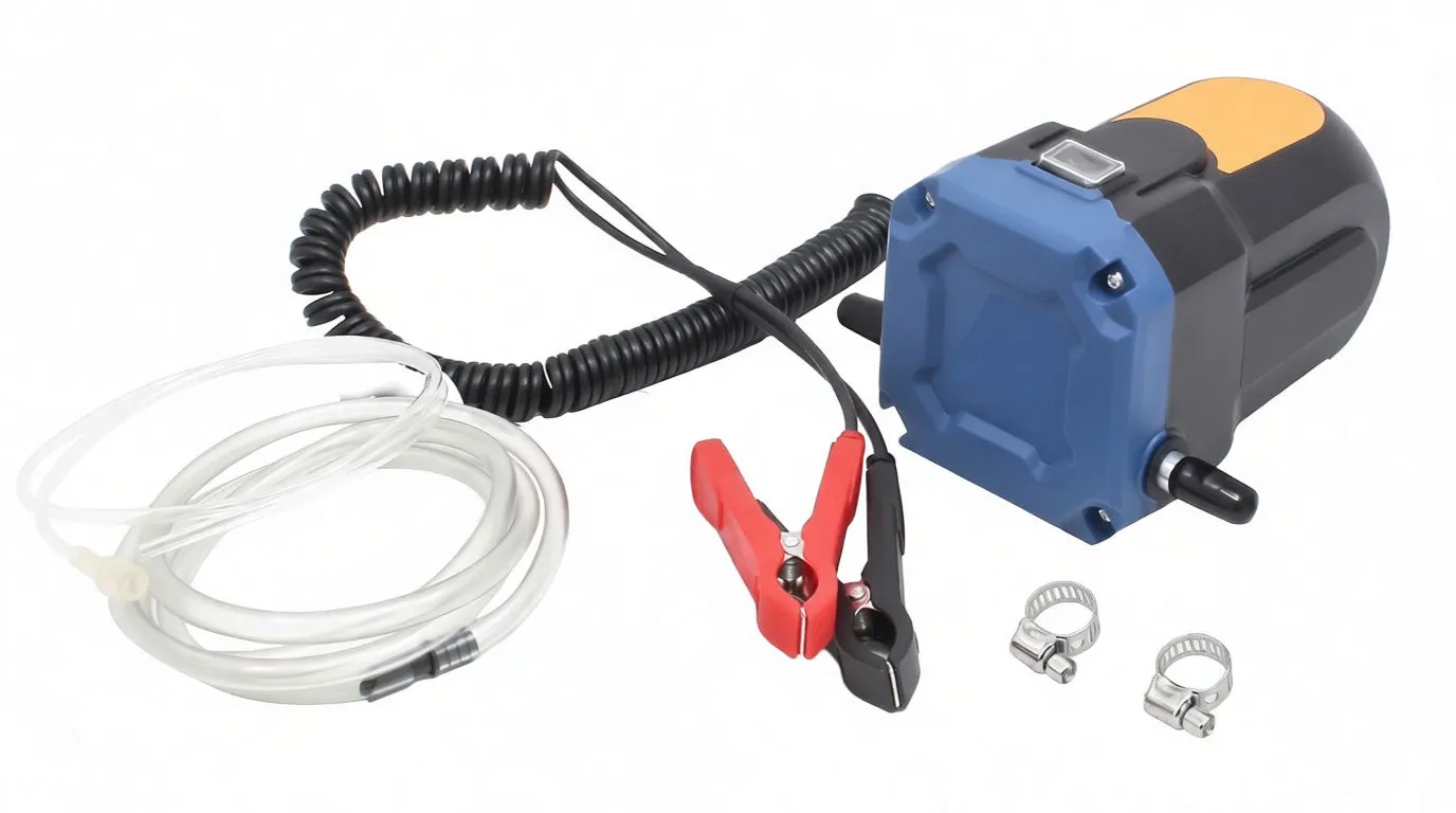 Close view of oil pump front plate, coiled power cable, battery clips and clear hoses