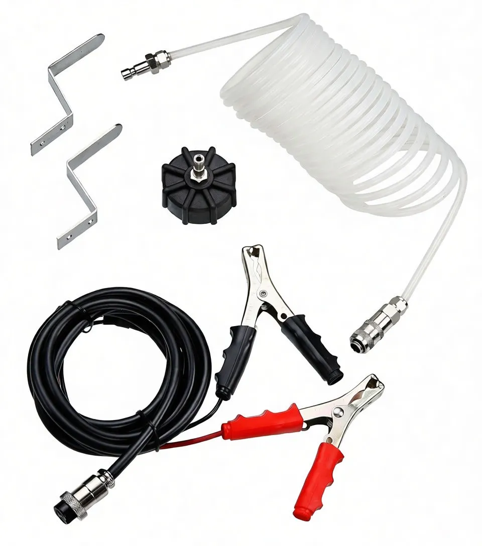 Brake-bleeder accessory kit with coiled clear hose, battery clamp leads, reservoir cap and metal mounting brackets.