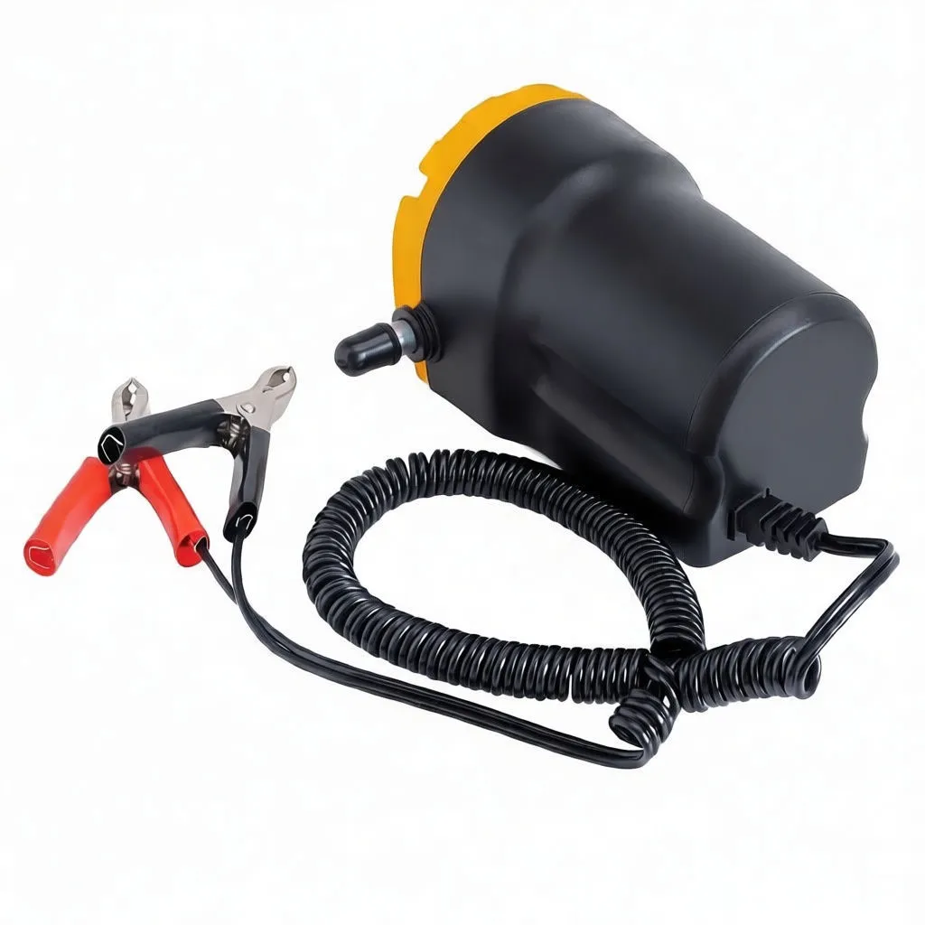 Rear view of pump showing yellow vented end cap, product label with CE mark, barbed hose fittings and coiled cable with clamps