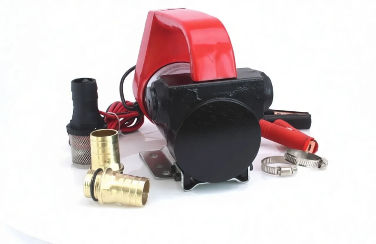 Electric 12V fuel pump with suction strainer, brass fittings, and battery clip cables