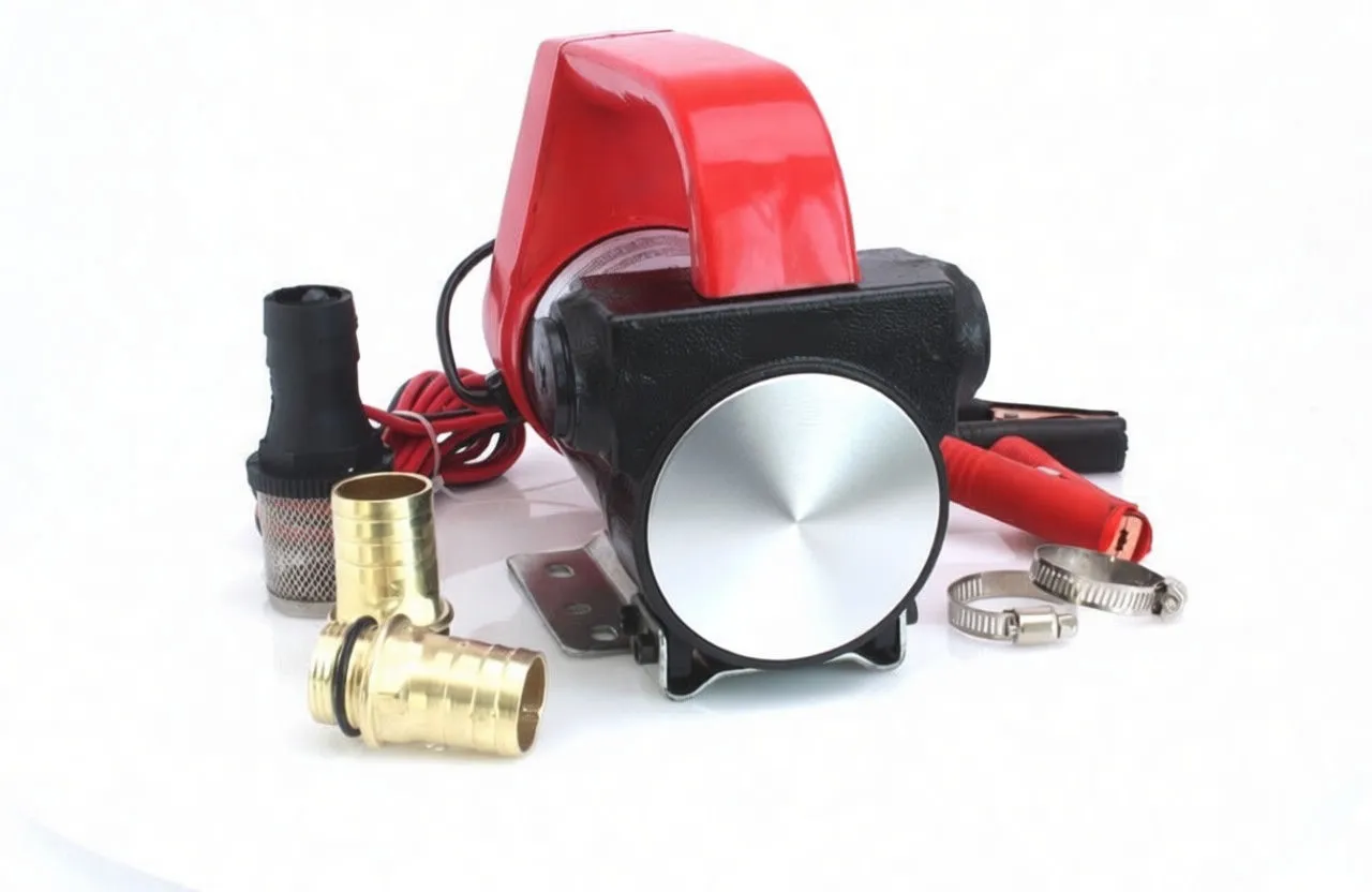 Front view of fuel transfer pump with blue label, brass elbow fitting, mesh strainer and hose clamps